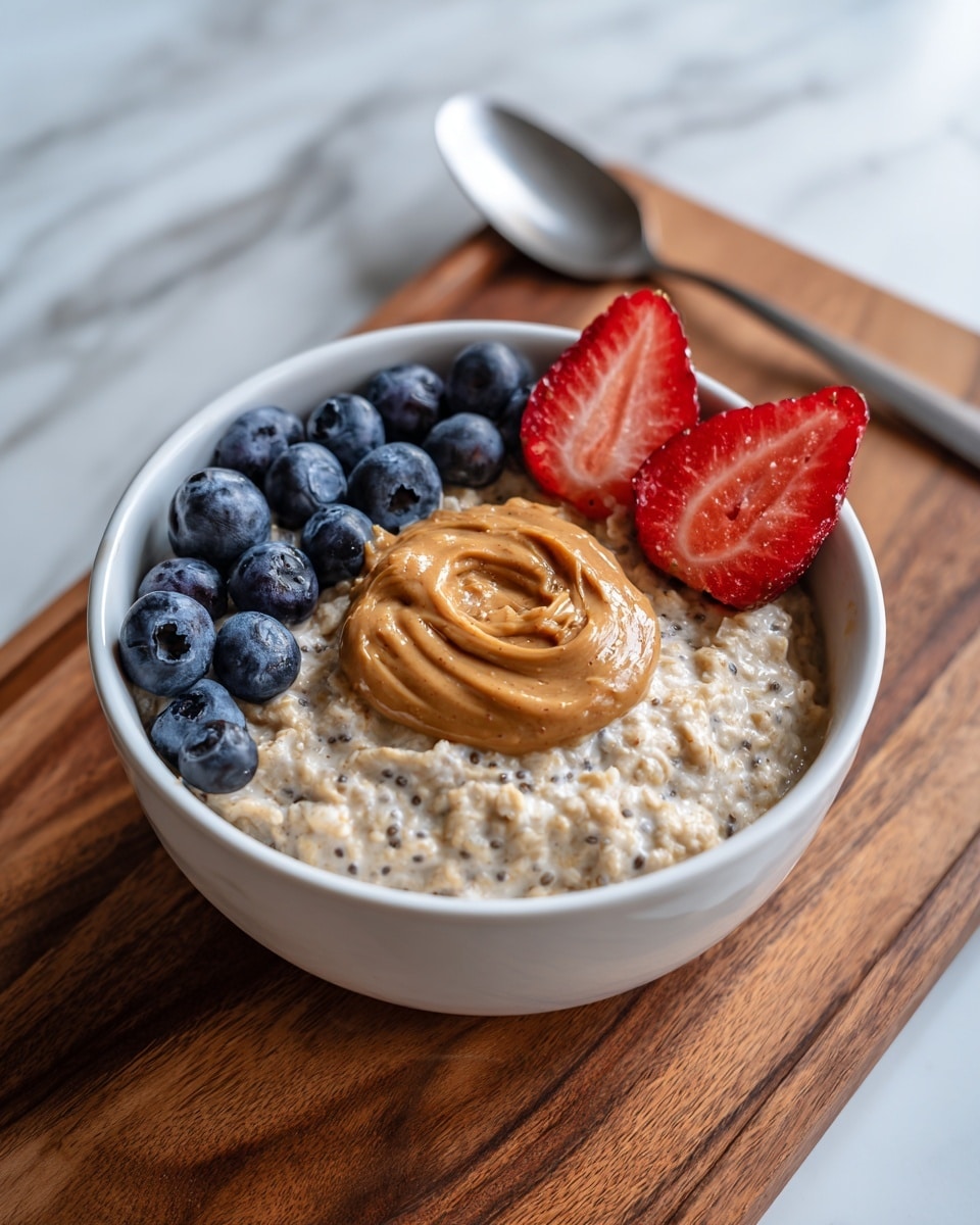 A white bowl filled with creamy oatmeal mixed with visible chia seeds forms the base layer; in the center, a thick, smooth swirl of golden-brown peanut butter is placed. Around the peanut butter, a circle of plump, dark blue blueberries rests atop the oatmeal. Two bright red strawberries, each sliced in half to reveal their juicy, seed-studded interiors, are positioned near the blueberries on one side. The bowl sits on a wooden board with a blurred white marbled surface in the background, and a spoon is visible behind the bowl. photo taken with an iphone --ar 4:5 --v 7