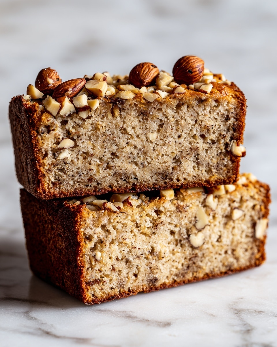 The image shows a close-up of a thick slice of nut bread with a brown crust and a light brown inside that has visible pieces of nuts spread throughout. The slice rests on a white wire rack, placed on a white marbled surface. On top of the slice, whole nuts including pecans are arranged, adding texture and color contrast. The bread's crumb looks soft and moist with a slightly rough texture. photo taken with an iphone --ar 4:5 --v 7