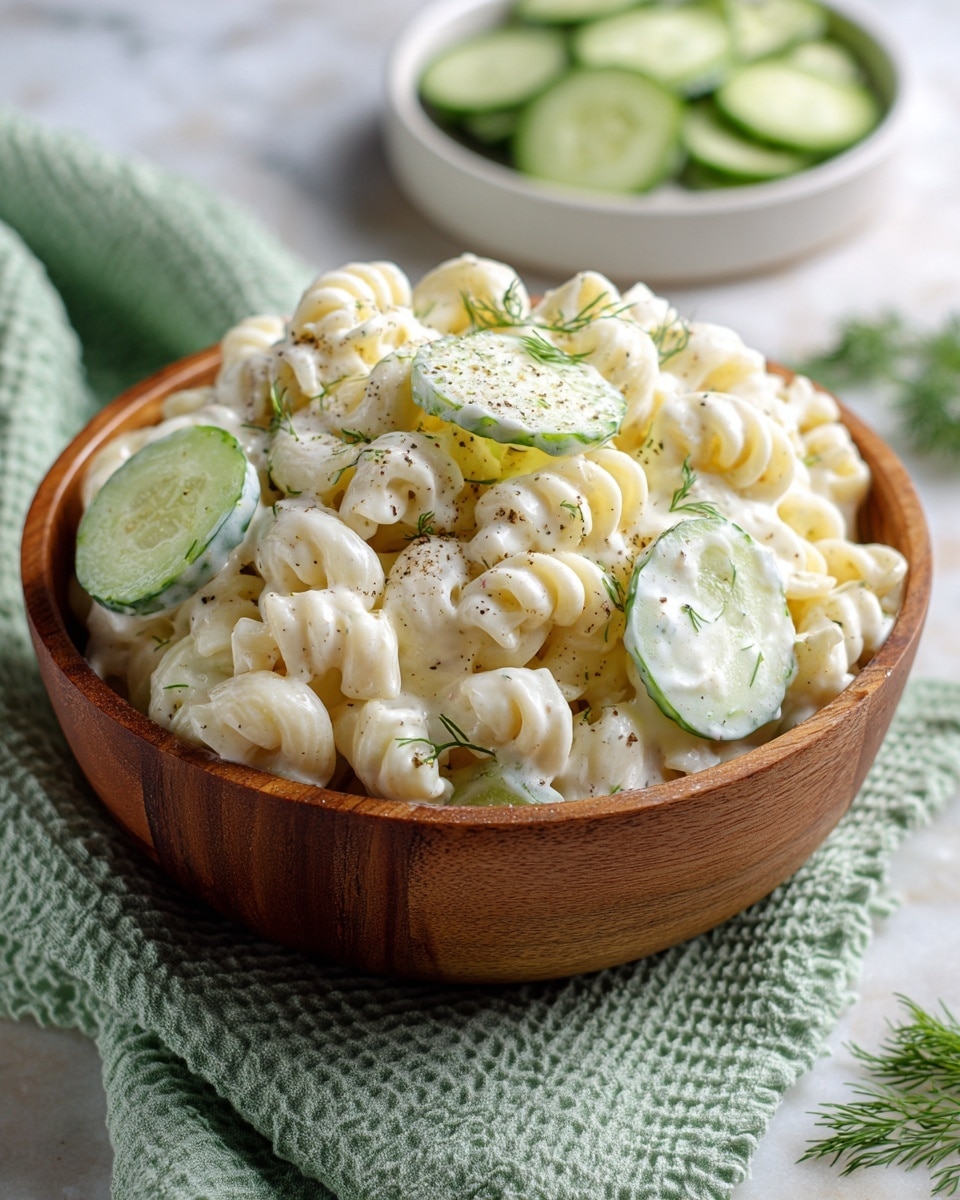 A wooden bowl filled with creamy pasta salad, showing three main layers: at the bottom are short, wide pasta spirals in a pale yellow color, covered generously with a thick white creamy dressing; the middle layer has thin, round cucumber slices with a fresh light green color mixed among the pasta; the top layer is decorated with small, bright green dill sprigs scattered evenly over the dish, along with a light sprinkle of black pepper on top. In the background, there is a small white bowl with more cucumber slices, all placed on a white marbled surface, with a light green textured cloth beside the bowl. photo taken with an iphone --ar 4:5 --v 7
