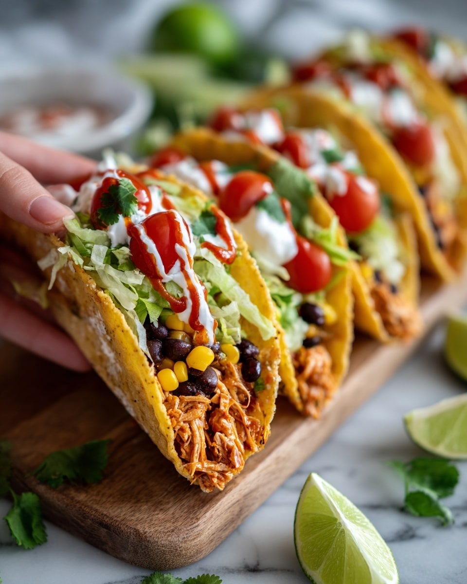 A close-up of a crispy taco shell filled with shredded orange chicken at the bottom layer, followed by yellow corn and black beans, topped with green shredded lettuce and halved red cherry tomatoes. On top, there is a drizzle of white sour cream and red hot sauce, along with green cilantro leaves for garnish. The taco is being held by a woman's hand, and several similar tacos are lined up on a wooden board in the background, all resting on a white marbled surface with slices of lime and sprigs of cilantro nearby. photo taken with an iphone --ar 4:5 --v 7