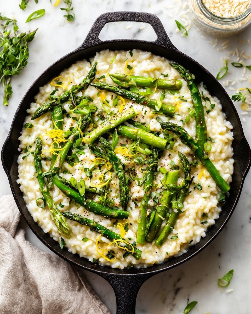A skillet filled with creamy risotto, its texture soft and slightly thick, showing rice grains cooked to a tender consistency. Spread evenly over the risotto are vibrant green asparagus pieces, cut into both short segments and tips, adding a fresh, slightly charred look. Finely chopped green herbs and thin slices of green onion scatter on top, adding layers of bright green color and a fresh texture contrast. A light sprinkle of cracked black pepper and tiny curls of lemon zest create small dots of black and yellow on the surface. The skillet rests on a white marbled background with some scattered green herbs nearby and a jar of uncooked rice partially visible to the side. Photo taken with an iphone --ar 4:5 --v 7