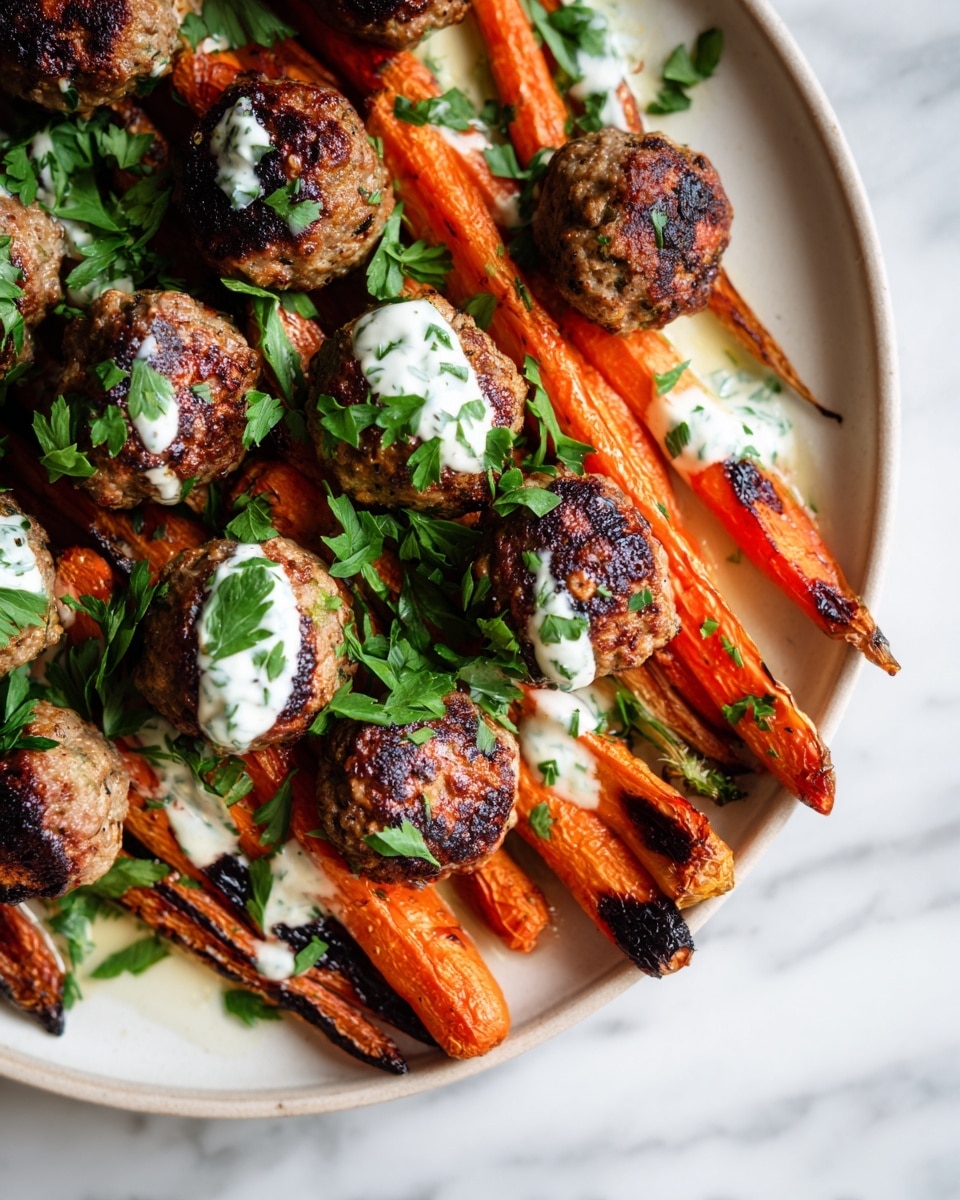 A close-up of a dish showing about seven browned and slightly charred meatballs layered unevenly over a bed of roasted carrots in a white plate. The carrots are long, bright orange with some blackened tips, and underneath each meatball and in the spaces between carrots, there are dollops of white creamy sauce with small green herb specks. Fresh chopped green parsley is scattered on top, adding a bright contrast to the warm tones of the meatballs and carrots. The scene is set on a white marbled surface. photo taken with an iphone --ar 4:5 --v 7