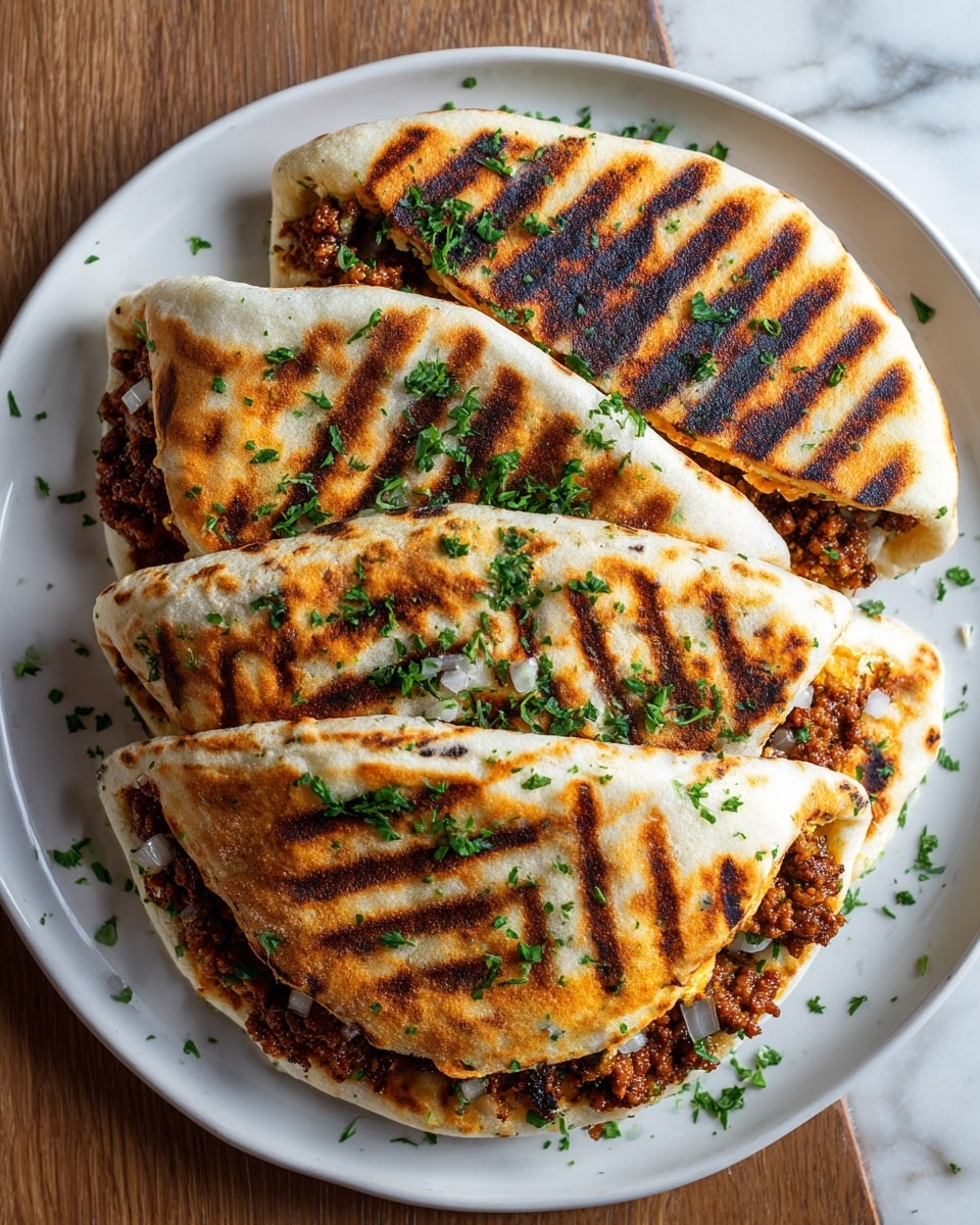 Three folded flatbreads with a golden-brown charred, slightly crispy surface are placed closely on a white plate. Each flatbread is stuffed with a filling of cooked minced meat mixed with finely chopped onions and topped with fresh green herbs, likely parsley or cilantro. The flatbreads have a soft, slightly doughy texture that contrasts with the browned grill marks. Small bits of herbs are scattered around the plate, and the background shows a white marbled texture with warm lighting highlighting the textures clearly. Photo taken with an iphone --ar 4:5 --v 7
