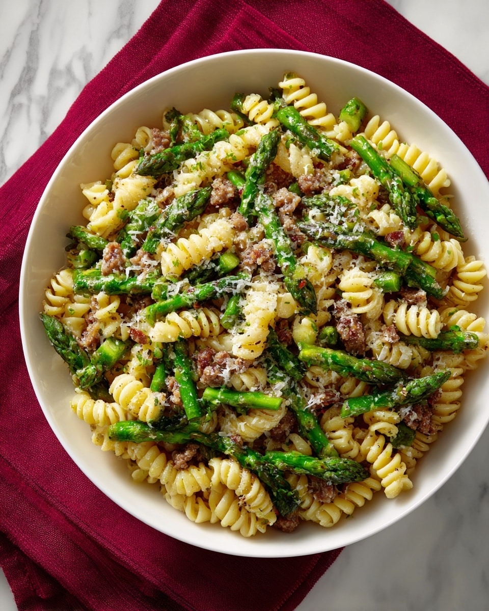 A white bowl filled with cooked small shell pasta mixed with bright green asparagus pieces and browned ground meat chunks. The pasta is light yellow, slightly glossy, and the asparagus is cut into medium-sized stalks, scattered evenly on top and mixed throughout. The ground meat is cooked with a slightly crumbly texture, golden brown with some darker seared bits. Lightly grated white cheese is sprinkled over the top, adding a soft texture. The bowl sits on a white marbled surface next to a red cloth, giving a warm and fresh look. photo taken with an iphone --ar 4:5 --v 7