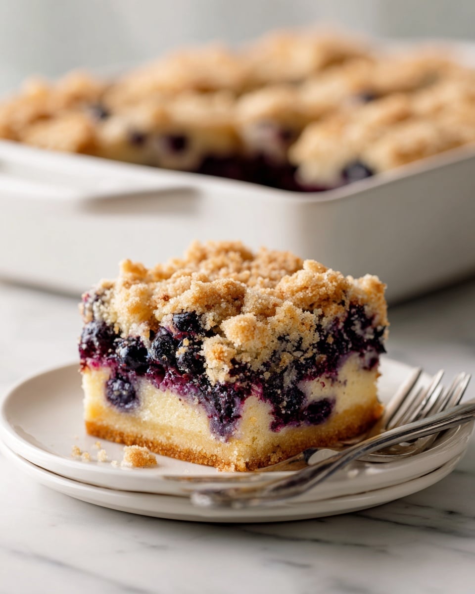 A single square piece of blueberry crumb cake sits on a white plate, showing three visible layers: a light golden crumbly topping with scattered dark purple blueberry bits, a rich deep purple blueberry filling in the middle, and a soft light yellow cake base at the bottom. The crumb topping looks slightly crunchy and uneven with small browned spots, while the filling appears thick and juicy, oozing slightly at the edges. A silver fork is placed on the plate next to the cake piece. Behind the plate, a white rectangular baking dish holds a larger blueberry crumb cake, cut into squares with the golden crumb topping dotted with blueberries, sitting on a white marbled textured surface. photo taken with an iphone --ar 4:5 --v 7