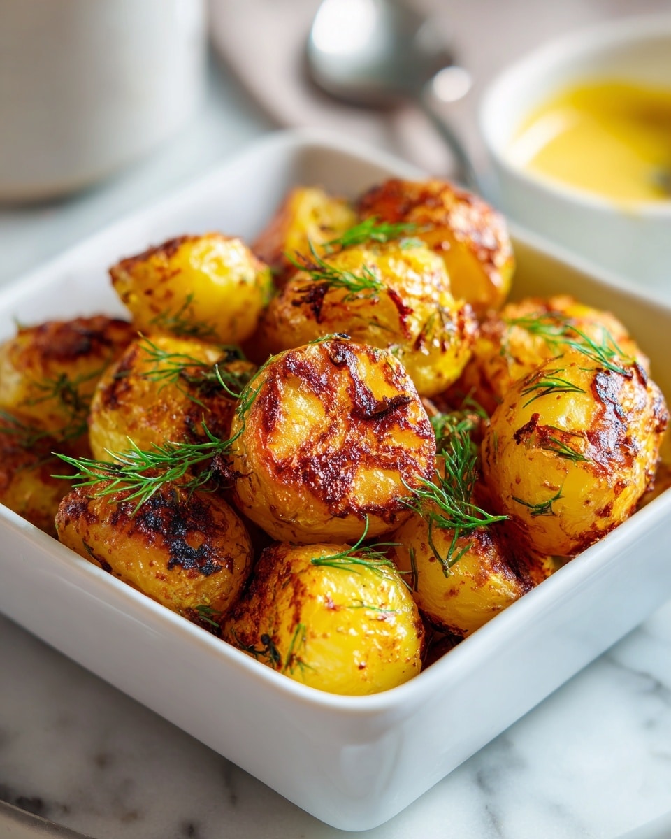 The image shows a white rectangular dish filled with golden roasted baby potatoes. Each potato is shiny with a light crispy skin, showing small browned spots from roasting, and is sprinkled evenly with fresh green dill. The dish sits on a white marbled surface, giving a clean, bright look. The potatoes are closely packed, filling the dish completely. Photo taken with an iphone --ar 4:5 --v 7