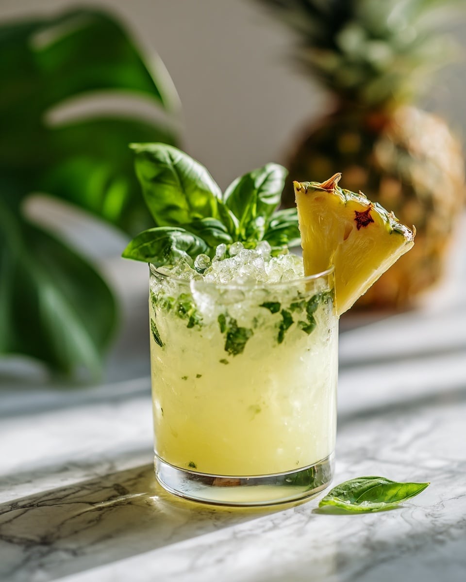 A short clear glass filled with a light yellow drink and ice cubes, garnished inside with fresh green basil leaves and on the rim with a triangular slice of pineapple that has small brown spots, all placed on a white marbled surface. In the background, there is a blurry green leafy object and a pineapple, with soft natural lighting creating gentle shadows. Photo taken with an iphone --ar 4:5 --v 7