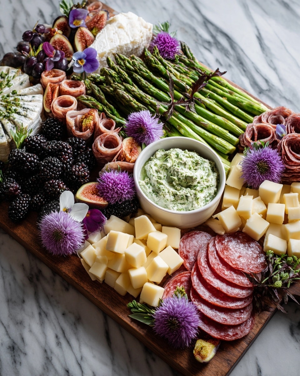 A large wooden serving board is filled with a variety of foods arranged neatly in layers. On one side, there are rows of thinly sliced cured meats with a reddish color and marbled texture. Next to them, bright green asparagus spears are laid out in a tight bundle. Behind the asparagus, there is a heap of dark blackberries with a bumpy texture, and nearby are fresh figs cut in half showing their pinkish inner flesh with tiny seeds. Toward the front, there is a small white bowl filled with a creamy white dip mixed with green herbs. Surrounding these are blocks and cubes of pale yellow and white cheeses with smooth and crumbly textures. The whole scene rests on a white marbled surface, creating a clean and fresh look. Photo taken with an iphone --ar 4:5 --v 7