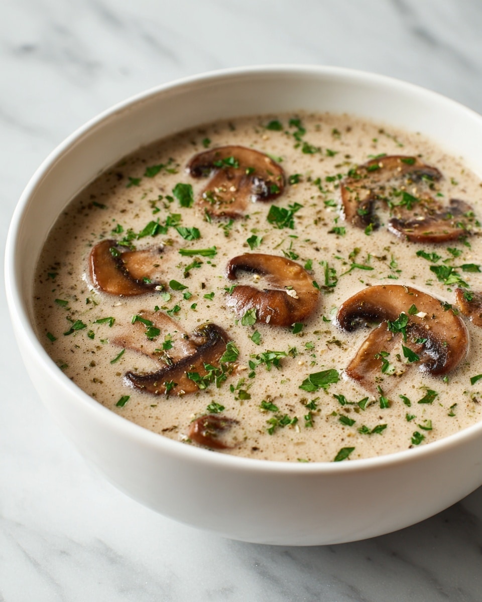 A white bowl filled with creamy mushroom soup showing many small sautéed mushroom slices scattered across the top, sprinkled with chopped green herbs. The soup surface is smooth and light beige, contrasting with the darker brown mushrooms and bright green garnish. The bowl sits on a white marbled surface, and a woman's hand is holding the bowl from one side. Photo taken with an iphone --ar 4:5 --v 7