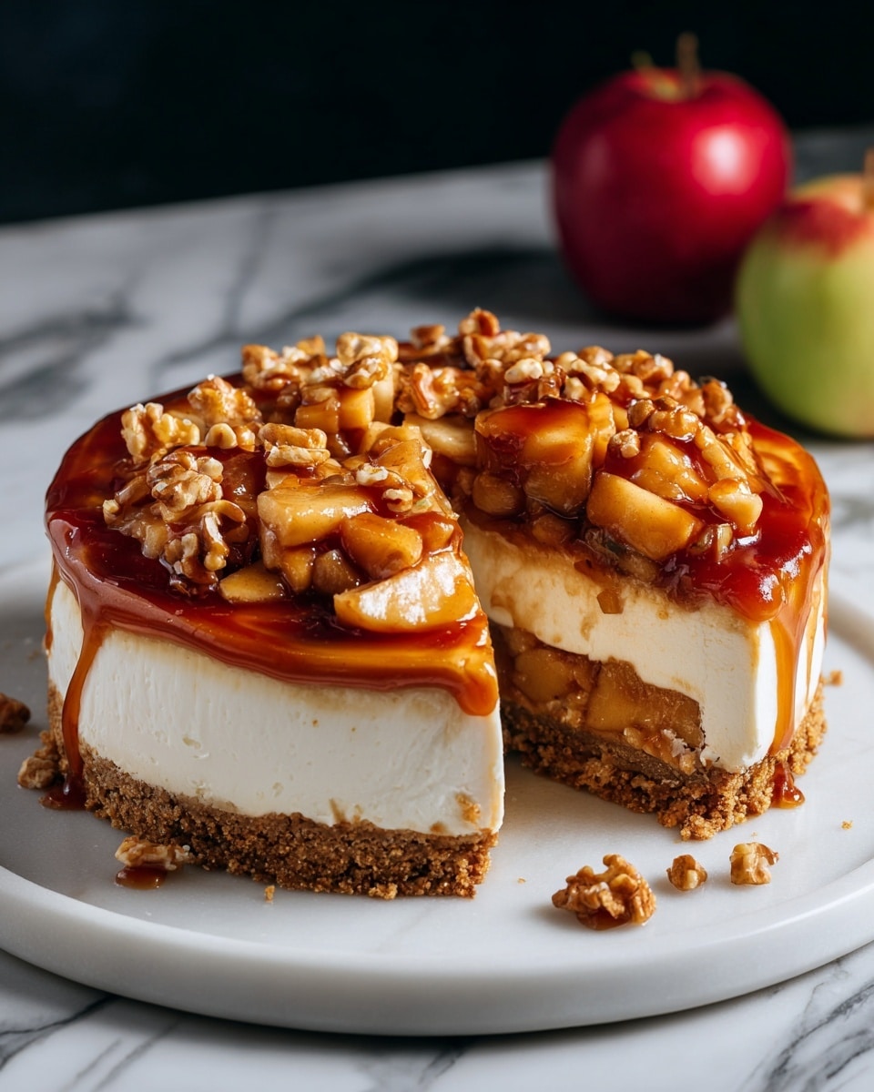 A round cheesecake with three visible layers sits on a white plate placed on a white marbled surface. The bottom layer is a crumbly, golden brown crust. The thick middle layer is smooth and white cream cheese. The top layer features glossy, caramel-colored apple slices and small walnut pieces spread evenly, with a shiny caramel glaze covering the fruit and nuts. A slice is cut and slightly pulled out, showing chunky cooked apples coated in caramel filling inside. The background is dark, and a red and green apple sits blurred in the back. Photo taken with an iphone --ar 4:5 --v 7