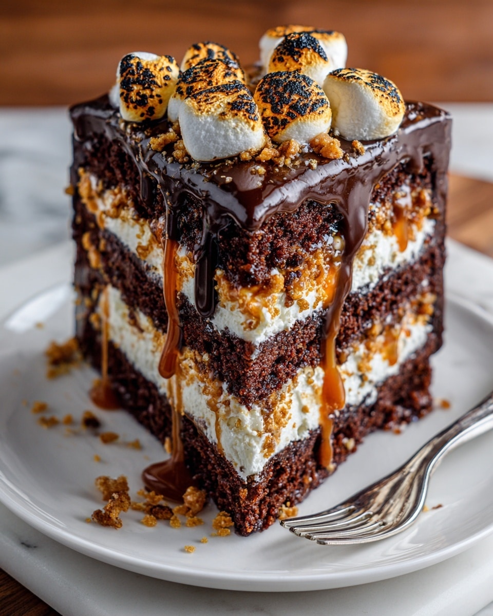 A close-up of a tall slice of layered chocolate cake on a white plate with a silver fork resting beside it. The cake has four dark brown chocolate sponge layers separated by thick white cream filling and golden caramel drizzle mixed with crumbly light brown bits. The top is covered with shiny dark chocolate ganache that drips down the sides in thick streams. On top, there are several toasted marshmallows with charred golden and black spots, adding a crunchy texture. The background shows a warm wooden tone with a white marbled surface underneath the plate. Photo taken with an iphone --ar 4:5 --v 7