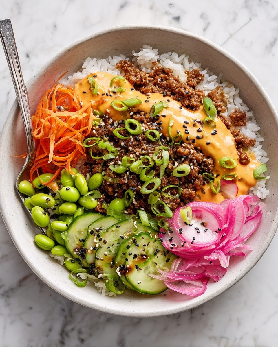 A white bowl filled with a base layer of white rice, topped with a layer of cooked ground meat covered in creamy orange sauce sprinkled with black sesame seeds and chopped green onions. On one side, thin slices of fresh cucumber with sauce on top, next to a pile of bright green edamame beans with sauce drizzled over. Thinly sliced red radish with orange sauce and black sesame seeds arranged in a fan shape sits next to bright pink pickled onions, while next to them is a small pile of shredded orange carrots. A black fork rests inside the bowl on the rice, all placed on a white marbled textured surface. Photo taken with an iphone --ar 4:5 --v 7