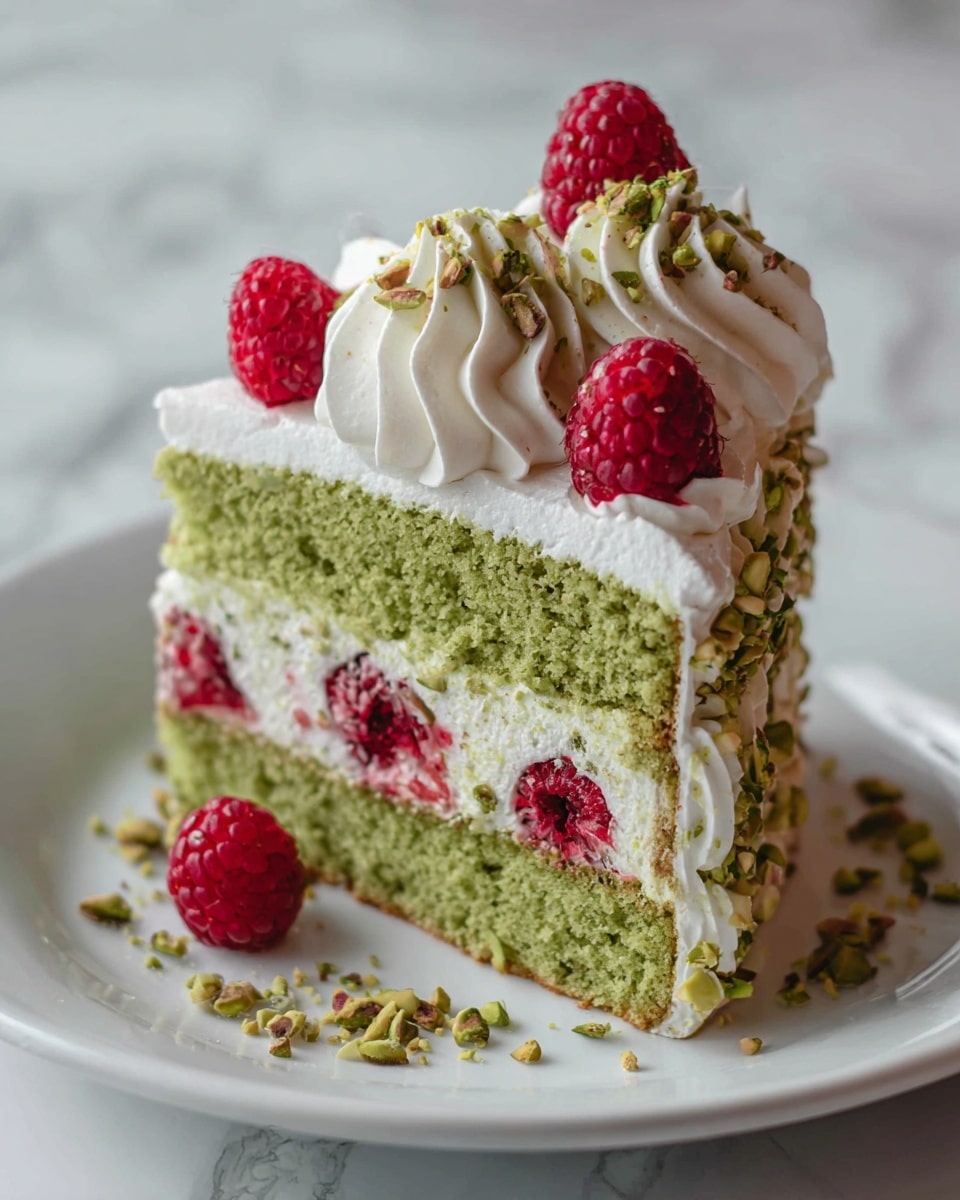 A slice of cake with three visible layers sits on a white plate. The bottom and middle layers are green sponge cake with a soft texture, while the middle layer is filled with fresh red raspberries embedded in white cream. The top layer is decorated with white whipped cream swirls, each topped with a red raspberry. Crushed green pistachios garnish the sides of the cake and some are sprinkled around the base on the plate. The background shows a white marbled surface. photo taken with an iphone --ar 4:5 --v 7