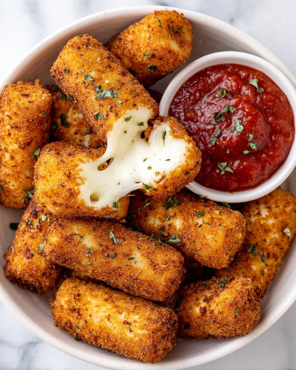 The image shows a round white air fryer basket filled with nine round, golden-brown breaded mozzarella sticks. One mozzarella stick is broken open in the center, revealing melted white cheese inside that stretches slightly. Small green herb flakes are sprinkled on top of the breaded sticks, adding a touch of color. In the upper right corner inside the fryer basket, there is a small round white bowl filled with red marinara sauce. The texture of the breading looks crispy, and the white melted cheese contrasts with the golden crust. The background is a white marbled surface. Photo taken with an iphone --ar 4:5 --v 7