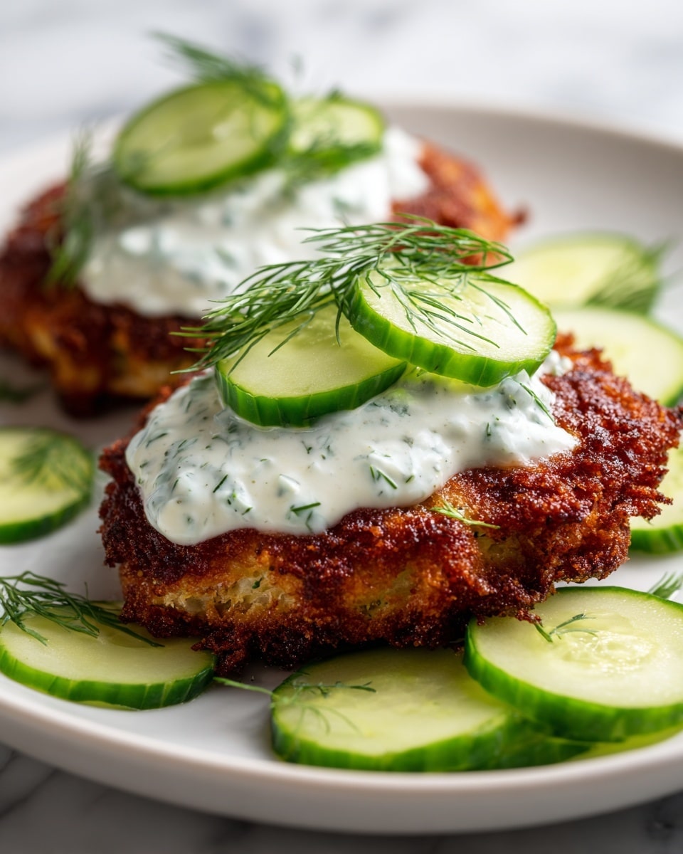 Two golden brown, crispy fried patties with a rough, crunchy texture are placed on a white plate resting on a white marbled surface. Each patty is topped with a thick, creamy white sauce mixed with green herbs, giving it a slightly chunky texture. On top of the sauce, several thin, round slices of bright green cucumber are neatly arranged, garnished with delicate sprigs of fresh dill. Extra cucumber slices are scattered around the patties on the plate. The colors are warm and fresh, with a contrast between the crispy brown patties and the cool green vegetables. photo taken with an iphone --ar 4:5 --v 7