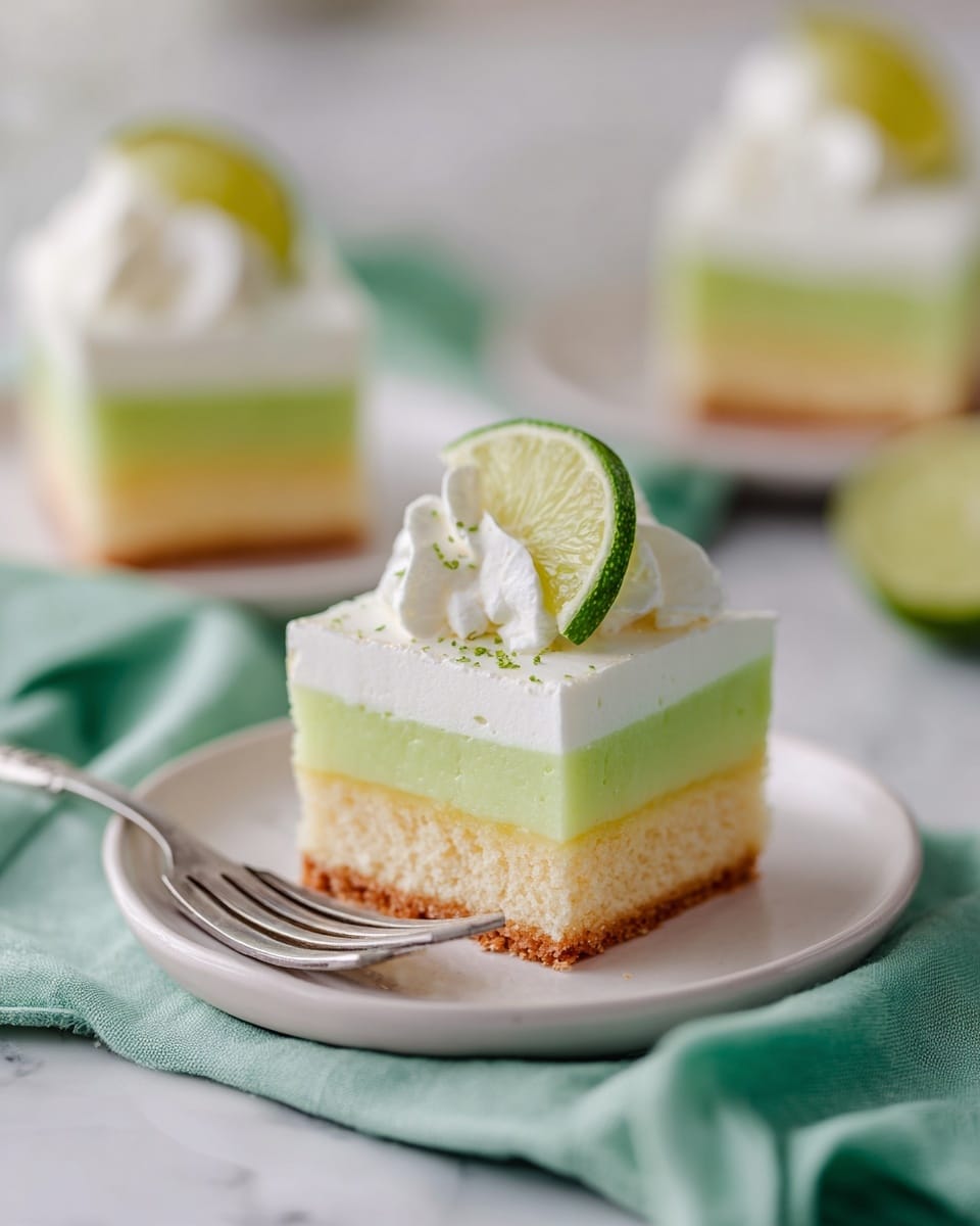 The image shows a square piece of layered cake on a white plate. The bottom layer is a light yellow cake, soft and thick. Above it is a pale green creamy layer with a smooth texture. On top is a thick white whipped cream layer, fluffy and slightly swirled. A small slice of lime is placed on the whipped cream as a garnish. In the background, more pieces of cake are visible on similar white plates, sitting on a green cloth over a white marbled surface. A silver fork is on the plate, and a woman's hand is reaching toward one cake slice. Photo taken with an iphone --ar 4:5 --v 7