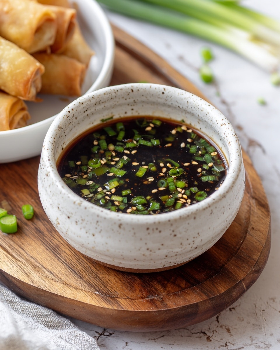 A small white speckled bowl filled with dark brown soy sauce, topped with scattered bright green chopped scallions and small yellow sesame seeds floating on the surface. The bowl is placed on a wooden board, set against a white marbled background with some green onions blurred in the back and part of a white plate with golden-brown spring rolls visible on the side. Photo taken with an iphone --ar 4:5 --v 7