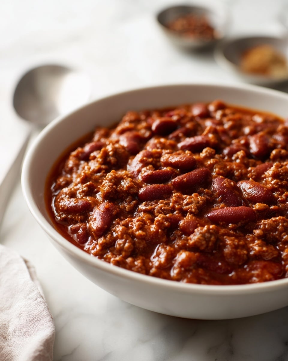 A close-up view of a bowl filled with a thick mixture of brown beans and ground meat in a rich, reddish-brown sauce; the beans are soft and plump, and the meat appears finely crumbled, mixed evenly throughout. The bowl is white and sits on a white marbled surface, with blurred measuring spoons containing spices visible in the background, adding context to the dish's preparation. The overall look is hearty and warm, with a textured and glossy finish to the food, capturing the cozy feel of a cooked meal. Photo taken with an iphone --ar 4:5 --v 7
