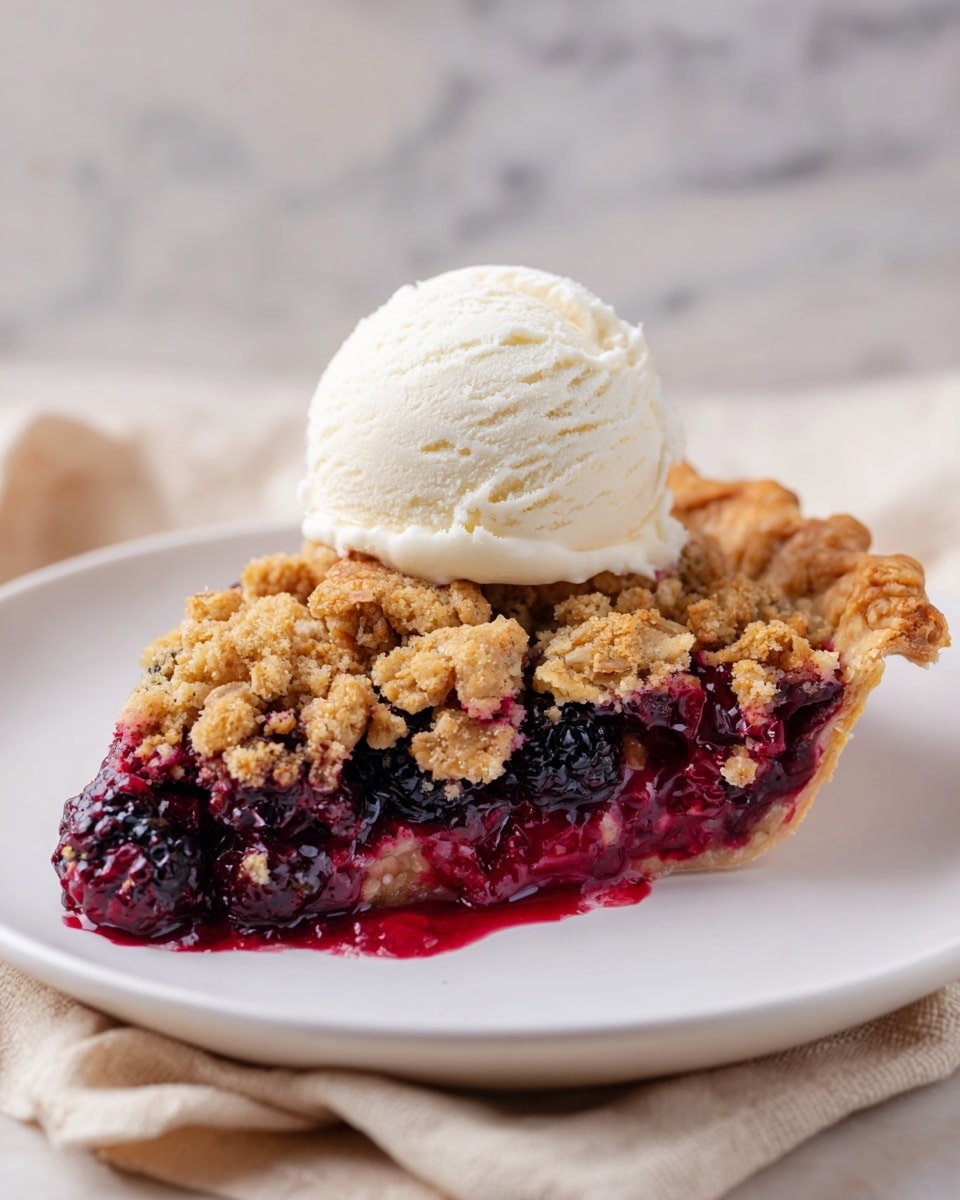 A slice of berry crumble pie sits on a white plate, with three main layers visible. The bottom layer is a deep red-purple berry filling, glossy and slightly runny, with visible whole blackberries and other mixed berries. Above that is a golden brown crumbly topping made of small clusters of crumb mix, adding a rough texture. On top of the crumble sits a large, smooth scoop of white vanilla ice cream, slightly melting at the edges. The whole plate rests on a beige cloth with a white marbled background. Photo taken with an iphone --ar 4:5 --v 7
