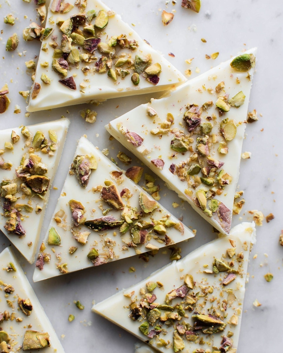 The image shows several pieces of white chocolate bark broken into large triangular shapes, arranged closely on a white marbled surface. Each piece has a smooth, creamy white base layer topped with a generous scattering of crushed pistachio nuts that vary in size, showing shades of green and brown. The pistachios add texture and a natural, uneven pattern across the white chocolate, with some smaller nut fragments sprinkled around the edges on the paper beneath. The overall scene is bright with a soft light that highlights the shine of the white chocolate and the matte textures of the nuts. Photo taken with an iphone --ar 4:5 --v 7
