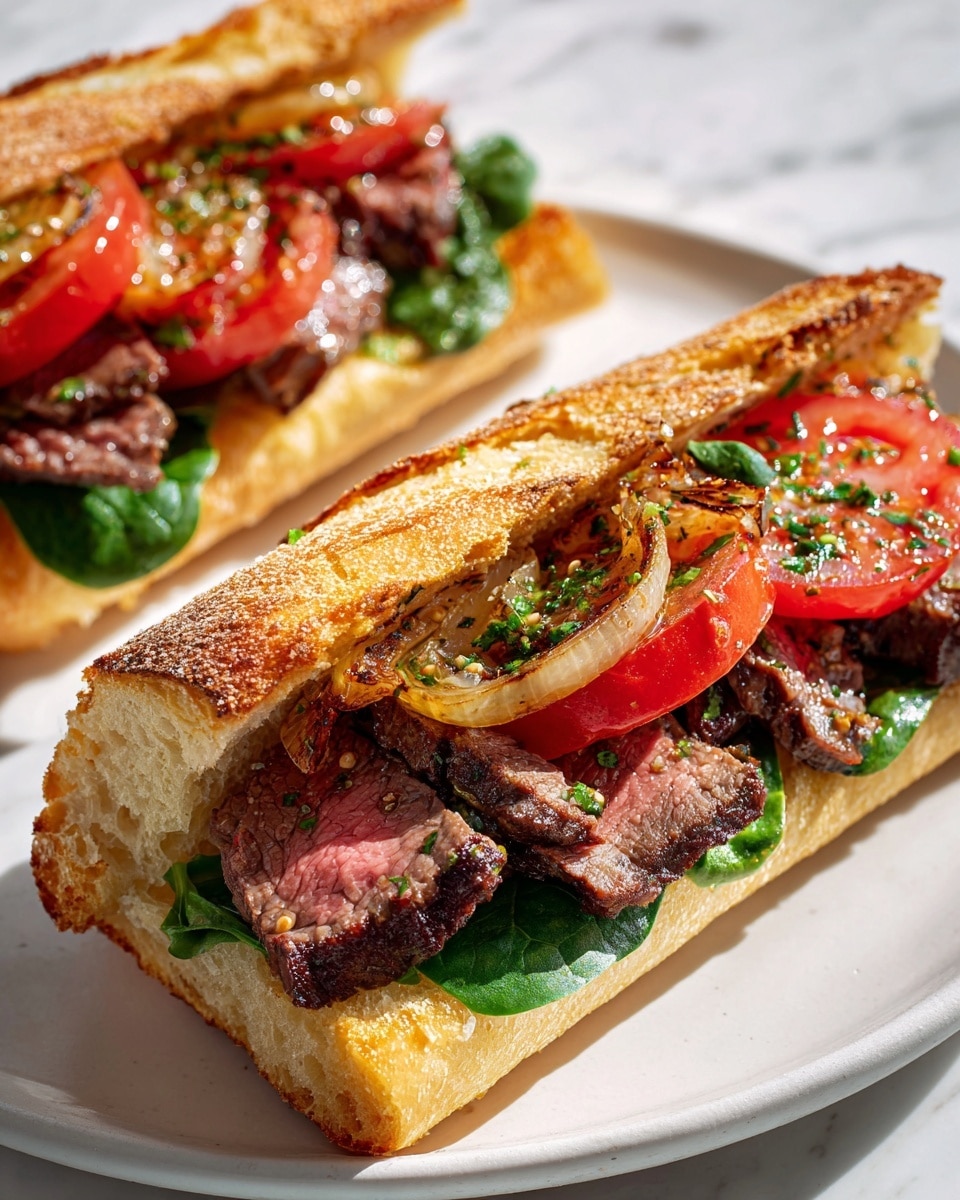 The image shows a sandwich with four visible layers stacked inside a white toasted baguette. The bottom layer is fresh green spinach leaves with a slightly glossy texture. Above it, there are thick slices of medium-rare steak, dark brown at the edges and pink in the middle, with visible seasoning. Next, bright red tomato slices are placed evenly, showing their juicy interior. The top layer includes sautéed onions with a light golden and translucent look, mixed with small green herb pieces. The sandwich is cut in half diagonally, with the soft, airy white inside of the bread and the crusty golden exterior clearly visible. The white plate beneath it rests on a white marbled surface. photo taken with an iphone --ar 4:5 --v 7