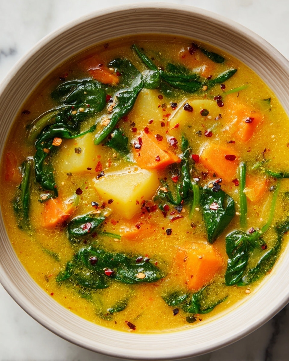 A close-up view of a bowl filled with a thick orange-yellow soup that has visible chunks of orange carrots and pale yellow potatoes mixed with wilted dark green spinach leaves, small bits of red chili flakes and herbs floating on top, giving it a fresh and hearty look. The bowl is white with subtle ridges around the rim, and it sits on a surface with a white marbled texture. The soup’s surface shows a light sheen of oil, highlighting its rich texture. photo taken with an iphone --ar 4:5 --v 7
