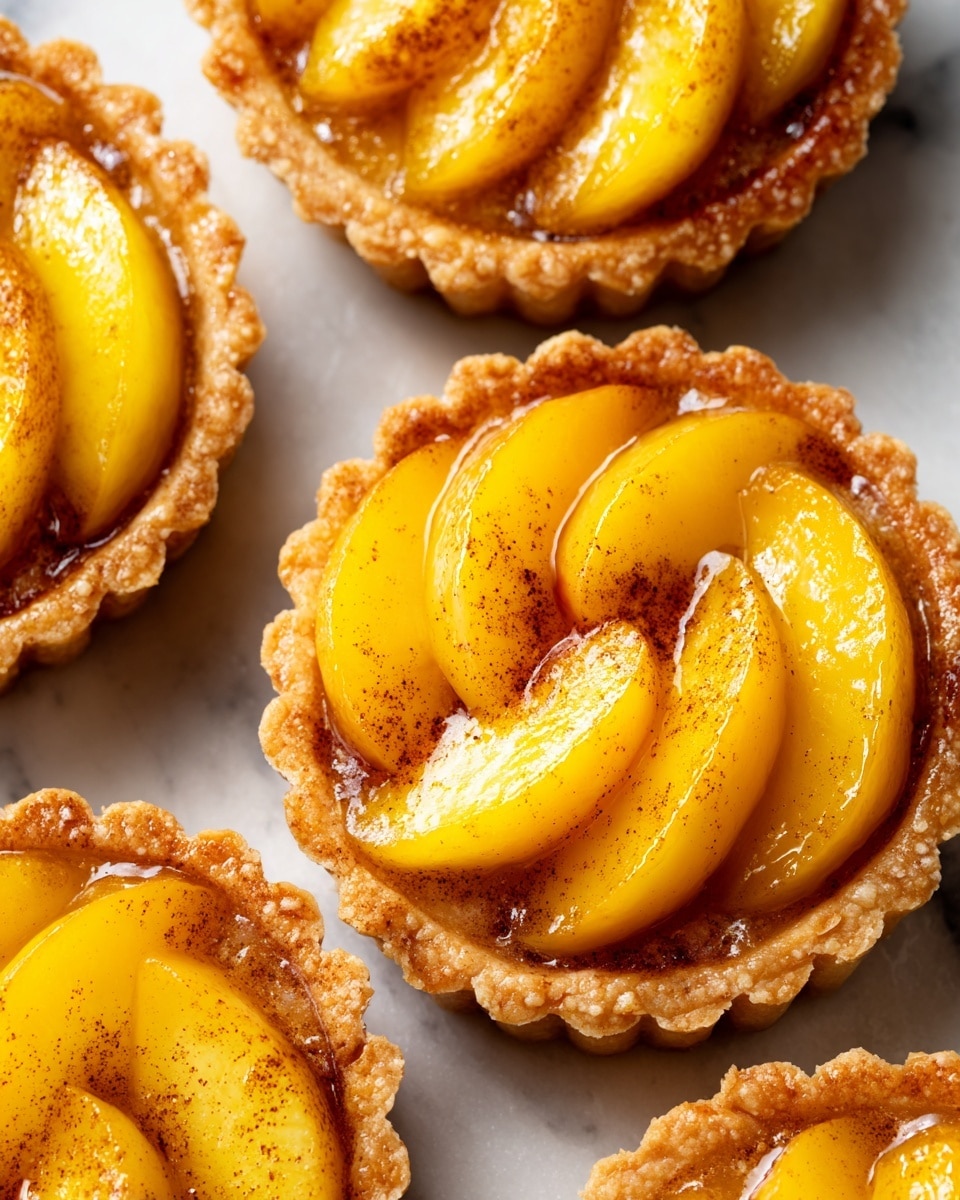 The image shows close-up mini tarts with a golden, flaky crust forming the base and edges. Each tart is topped with four thick slices of bright yellow peaches arranged in a slightly overlapping row, with a light glaze giving them a shiny, moist look. There is a sprinkling of brown cinnamon powder on the peach slices, adding texture and warmth to the appearance. The tarts sit closely together on a soft, white marbled texture surface that enhances the warm colors of the peaches and crust. The photo taken with an iphone --ar 4:5 --v 7