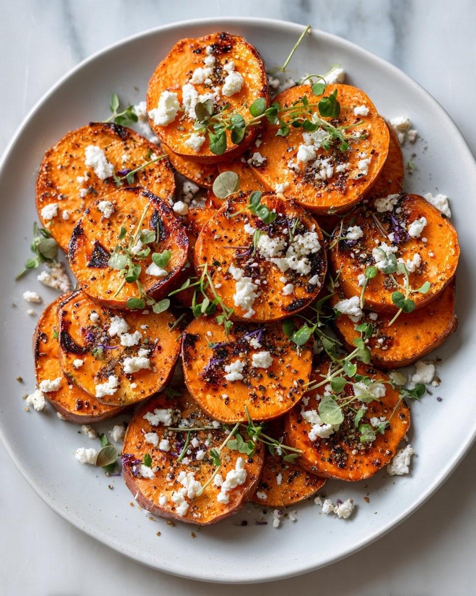 A white plate holds about ten round, thick slices of roasted sweet potatoes arranged neatly. Each slice is bright orange with a slight charred texture on the top surface, giving a warm and cooked look. Scattered across the sweet potato slices are small, crumbly pieces of white cheese, adding contrast and a soft texture. Tiny green herb leaves are sprinkled around and on top of the slices, offering bursts of color. Some black pepper and seasoning dots are visible on the cheese and sweet potatoes. The plate is placed on a white marbled surface with a soft light that shows the natural shine of the food. photo taken with an iphone --ar 4:5 --v 7