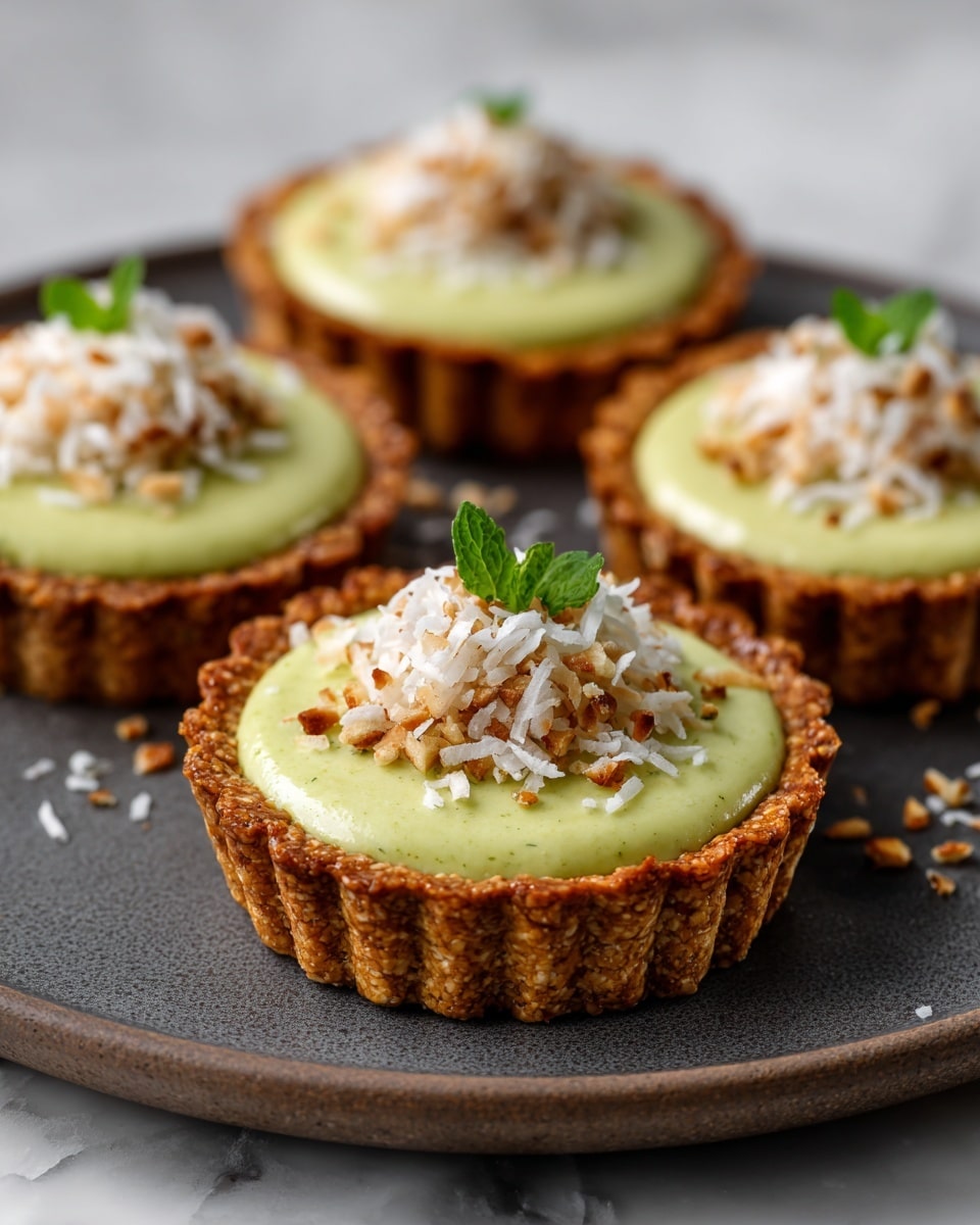 Four small tarts sit on a round dark plate on a white marbled texture surface. Each tart has one thin, golden brown crust layer forming a scalloped edge shell. Inside is a smooth, glossy light green filling that looks creamy and thick. On top of each tart, there is a small pile of white coconut flakes and crushed light brown nuts in the center. A few small bright green leaves are placed with the toppings on some of the tarts, adding a fresh look. Photo taken with an iphone --ar 4:5 --v 7