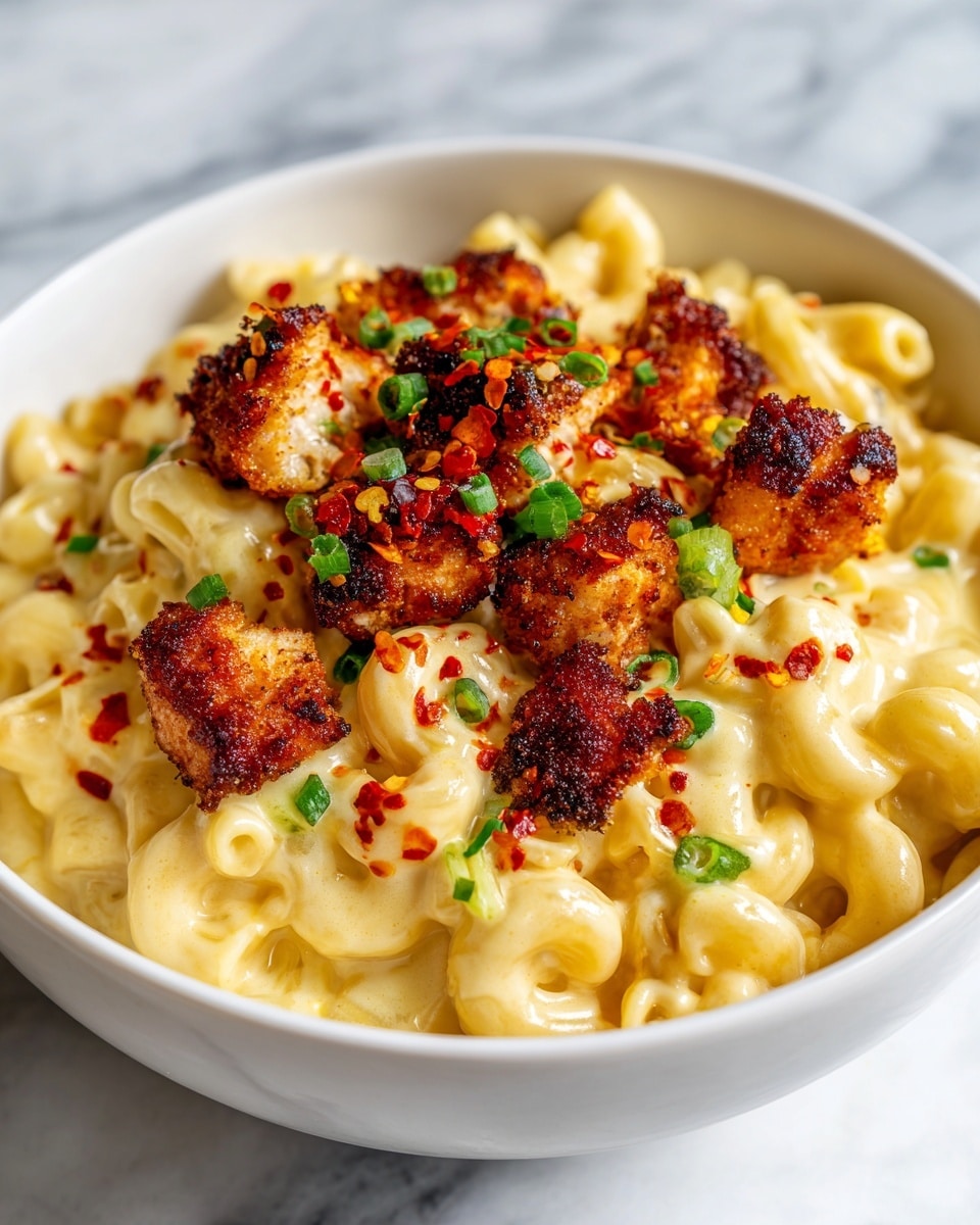 A white bowl filled with creamy macaroni and cheese as the bottom layer, smooth and light yellow in color with a soft, cheesy texture. On top, there are small chunks of browned, crispy chicken pieces, each coated with red chili flakes and shiny oil drizzle. Small green onion pieces are sprinkled over the dish, adding a touch of green color. The bowl is set on a white marbled surface. photo taken with an iphone --ar 4:5 --v 7