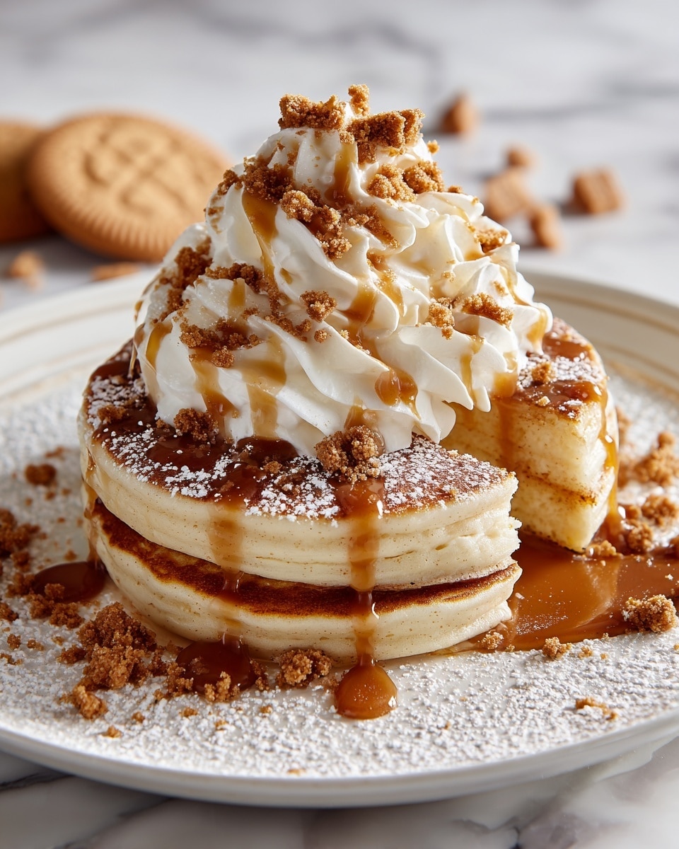 A stack of two thick golden-brown pancakes is placed on a white plate with powdered sugar dusted around the edges. The top pancake has a cut slice revealing smooth, creamy caramel sauce oozing out and flowing onto the plate. On top of the stack is a large swirl of white whipped cream, drizzled generously with caramel sauce and sprinkled with small crumbly brown cookie bits. The background shows a white marbled texture with some cookies blurred in the distance. photo taken with an iphone --ar 4:5 --v 7