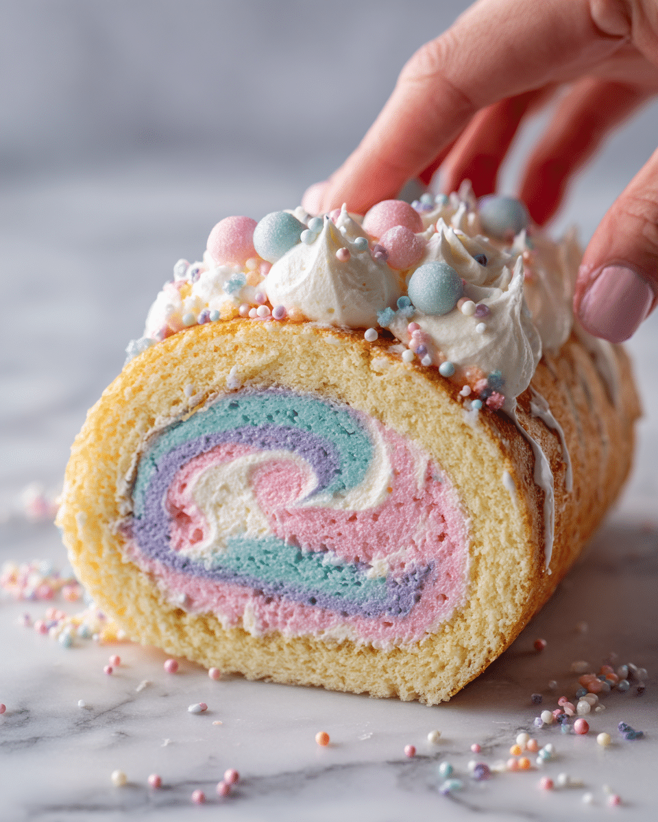 A colorful swiss roll cake slice sits on a white marbled surface. The cake has three visible layers: a soft, light yellow outer layer, followed by thick swirls of pink and blue cream inside. The top of the roll is covered with white cream and decorated with small pastel-colored round sprinkles and a few small white dollops of cream. Some sprinkles are scattered around the cake on the surface. A woman's hand is gently touching the cake from the side. Photo taken with an iphone --ar 4:5 --v 7