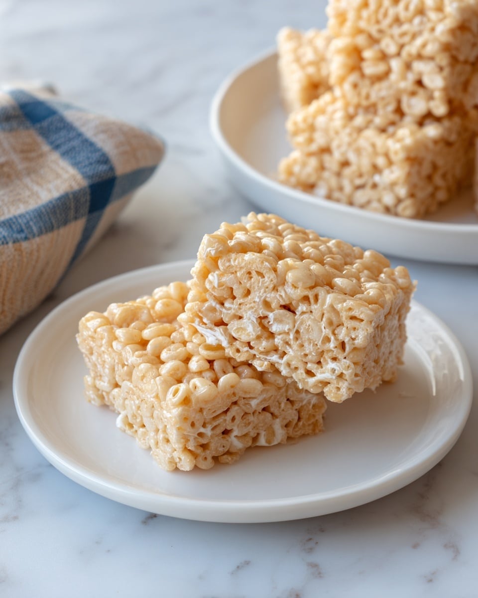 The image shows two square rice cereal treats on a white marbled surface, one in the foreground and one slightly behind it. Each treat is made of tightly packed light golden puffed rice cereal with a glossy, sticky texture from melted marshmallow holding the grains together. The treat in the front has thin marshmallow strands stretching off the side, showing its chewy and gooey nature. In the background, part of a white plate with more treats is visible, slightly blurred. A folded cloth with a blue and beige check pattern lies to the left on the marbled surface. photo taken with an iphone --ar 4:5 --v 7