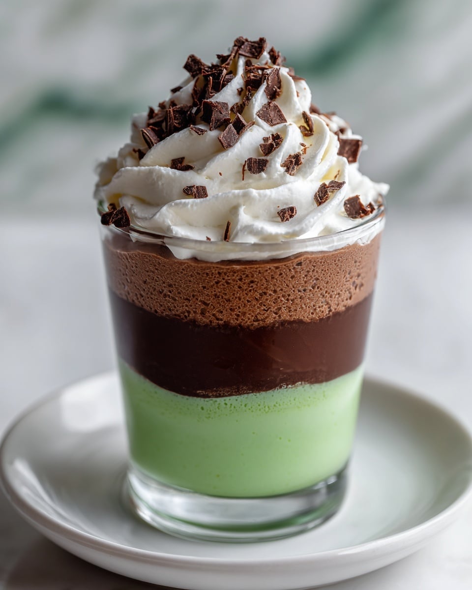 The dessert is shown in a clear glass cup with three visible layers. The bottom layer is dark brown and smooth as chocolate pudding. The middle layer is bright green with a creamy texture, representing mint pudding. The top layer is thick and light brown, looking like chocolate pudding again. On top, there is a generous swirl of white whipped cream, decorated with small pieces of chocolate shavings scattered on the whipped cream. The cup is placed on a white plate, and the background has a soft white marbled texture with blurred shades of green and light gray. Photo taken with an iphone --ar 4:5 --v 7