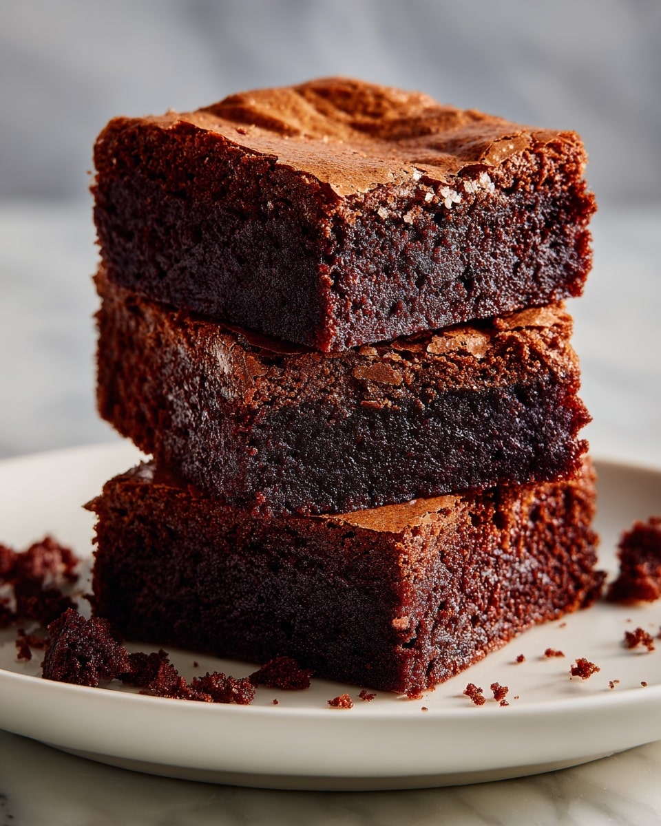 Three thick, square-shaped chocolate brownies stacked on top of each other on a white plate, each layer showing a rich, dark brown color with a slightly cracked, shiny crust on top. The brownies look dense and moist with a soft texture inside, and crumbs are scattered around the base. The plate sits on a white marbled surface. photo taken with an iphone --ar 4:5 --v 7