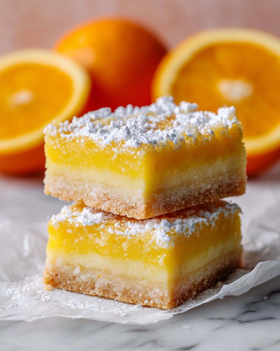 The image shows two stacked square lemon bars with three visible layers: a crumbly light golden crust on the bottom, a thick, smooth, and bright yellow lemon filling in the middle, and a slightly cracked pale top layer dusted evenly with powdered sugar. The lemon bars sit on a piece of white parchment paper placed on a white marbled surface. Soft-focused orange halves and a whole orange are in the background, adding a warm orange hue behind the treats. Photo taken with an iphone --ar 4:5 --v 7