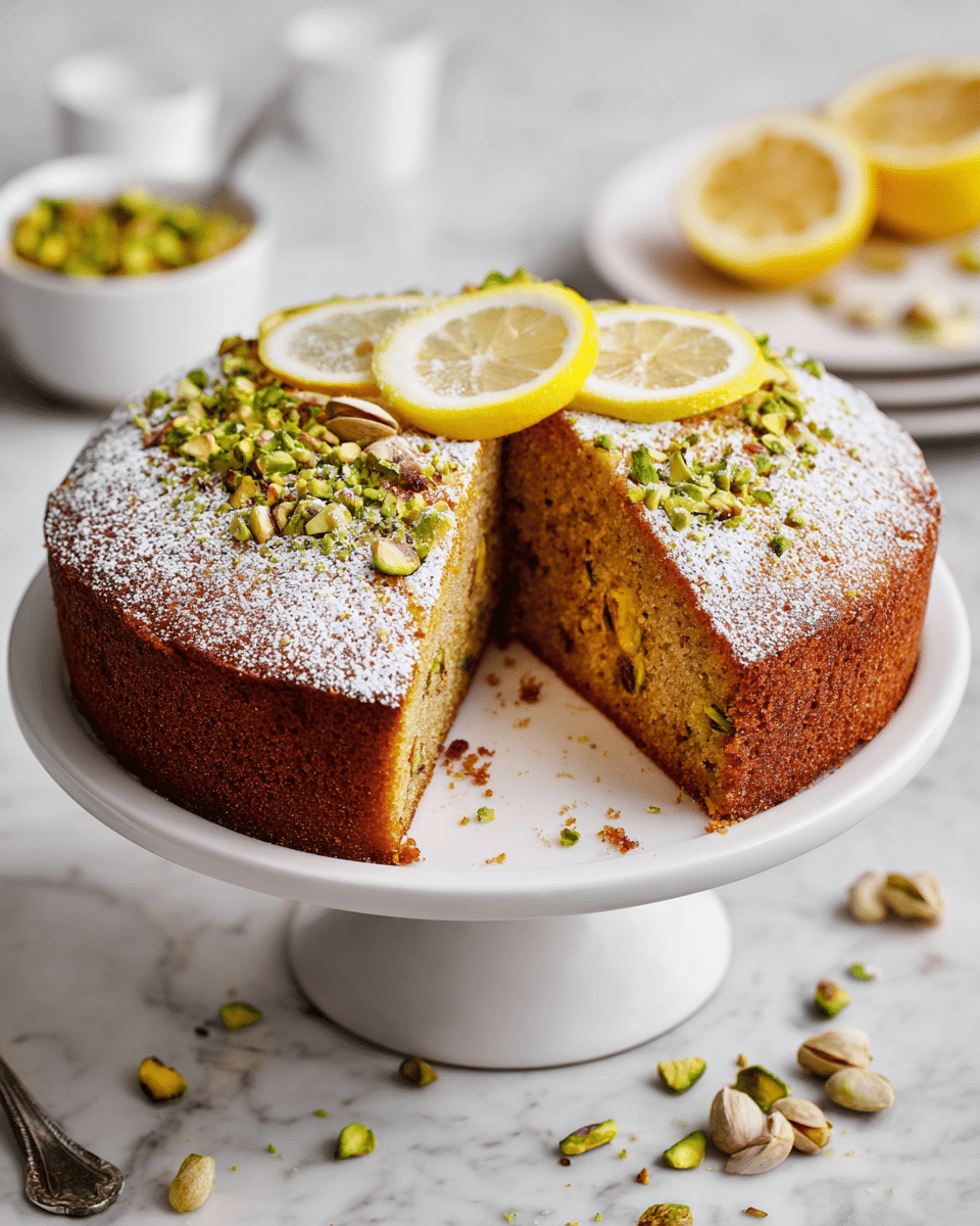 The image shows a round cake with one slice removed, placed on a white cake stand with a wide base. The cake has a golden brown crust and a moist, dense inside texture with specks visible throughout. On top, there is a light dusting of powdered sugar, three thin lemon slices laid in a slight curve, and a generous sprinkle of chopped green pistachios covering part of the surface. Around the cake stand are scattered pistachio pieces. The background is a white marbled surface with a small white bowl of pistachios and some blurred lemon slices in the distance. Photo taken with an iphone --ar 4:5 --v 7