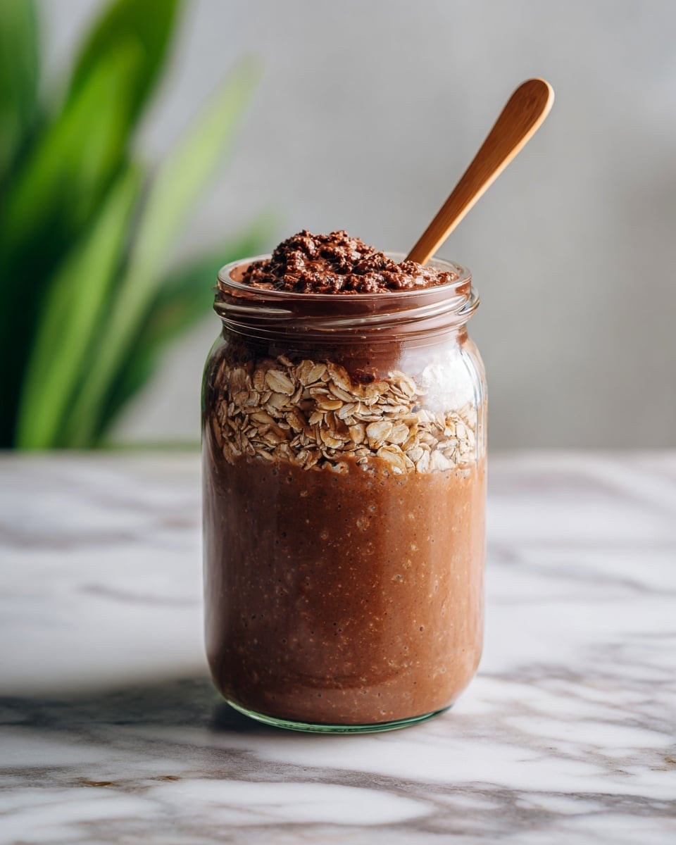 A clear glass jar filled with three layers of creamy chocolate oat mixture, each layer showing visible oats mixed in a thick, dark brown chocolate base. The jar is topped with a slightly textured surface of the chocolate mix, with a light wooden spoon placed inside on the right side. The jar sits on a smooth white marbled surface with a blurred green plant in the background. photo taken with an iphone --ar 4:5 --v 7