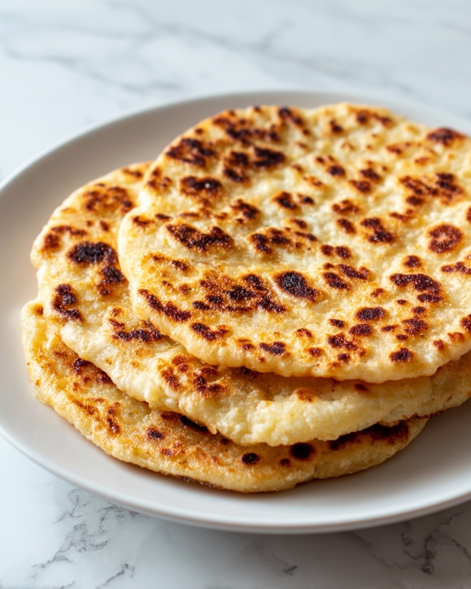 The image shows three golden brown flatbreads stacked slightly over each other on a white plate. The flatbreads have a crispy, textured surface with brown charred spots that suggest they are cooked well. The edges are slightly thicker, giving them a soft but toasted look. The background has a white marbled texture that adds a clean and fresh feel to the scene. photo taken with an iphone --ar 4:5 --v 7