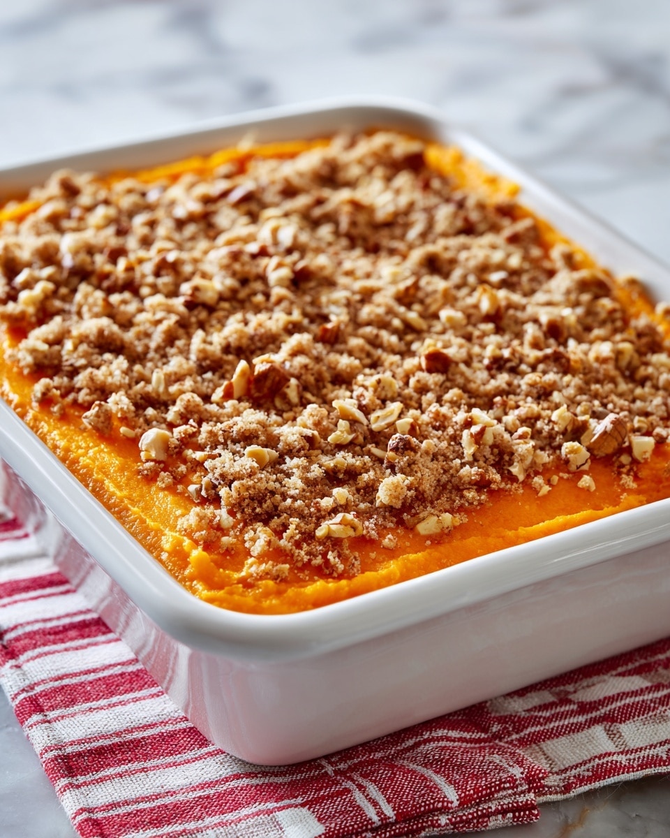 The dish shows a white square baking dish filled with two clear layers; the bottom layer is smooth and bright orange, resembling mashed sweet potatoes, while the top layer is a rough, crumbly, golden-brown streusel topping with a mix of small nut pieces spread evenly across the surface. The dish sits on a red and white striped cloth, and the background has a white marbled texture. photo taken with an iphone --ar 4:5 --v 7