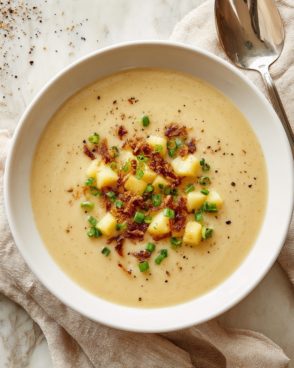 A close-up top view of a creamy potato soup served in a round white bowl. The soup has a thick, smooth texture and a pale beige color as the base layer. On top, diced potato pieces in light yellow are scattered along with finely chopped green onions adding bright green touches. Crispy, brown fried shallot flakes are sprinkled over the soup, giving a crunchy, textured look. A few specks of black pepper are visible, enhancing the seasoning appearance. The bowl sits on a white marbled textured surface, with a beige cloth napkin draped casually nearby and a silver spoon to the right. photo taken with an iphone --ar 4:5 --v 7