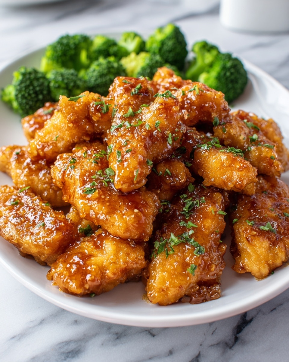 The image shows a close-up of several golden-brown chicken strips coated in a shiny glaze, garnished with small green herbs on top. The chicken pieces have a crispy texture with a glossy, sticky sauce that looks sweet and savory. In the background, there are bright green broccoli florets adding a fresh contrast to the warm colors of the chicken. Everything is placed on a white plate sitting on a white marbled surface. photo taken with an iphone --ar 4:5 --v 7