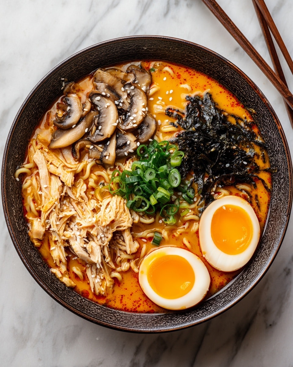 A bowl of ramen with rich orange broth fills most of the space, with curly noodles visible beneath the surface. On the left side, there are sliced mushrooms topped with white sesame seeds, and shredded cooked chicken sits beside them. In the middle, there is a pile of thinly shredded dark seaweed on top of chopped green onions. To the right, two halves of a soft-boiled egg show bright orange, slightly runny yolks. The bowl is dark with a textured rim, sitting on a white marbled surface, with wooden chopsticks resting in the background. photo taken with an iphone --ar 4:5 --v 7