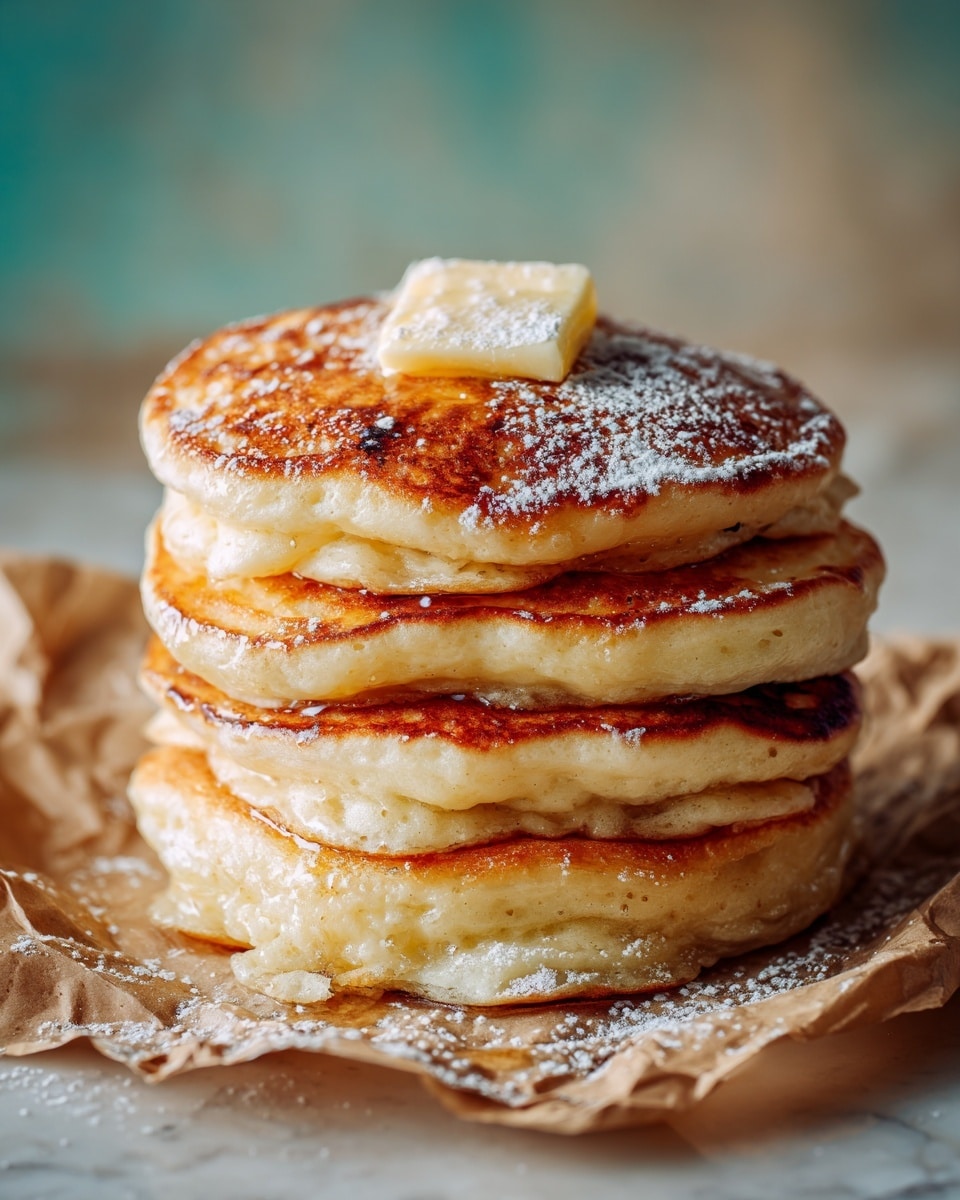 A stack of four thick, fluffy pancakes with golden-brown, slightly crispy tops and light, airy sides. Each pancake has soft, uneven edges showing a tender texture. On the very top pancake, there is a small, square piece of melting butter with a glossy shine. The stack sits directly on crumpled brown parchment paper with a light dusting of powdered sugar around the base, set on a white marbled surface. The background is softly blurred with hints of muted teal and beige tones. Photo taken with an iphone --ar 4:5 --v 7