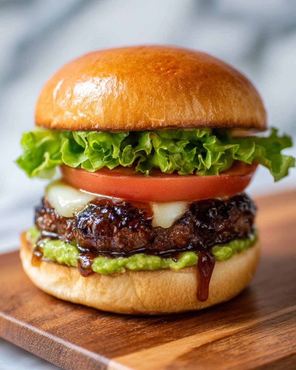 A close-up view of a hamburger with five main layers visible from bottom to top: a soft, golden brown bun base with a slight sheen; above it, a thick, grilled beef patty showing char marks and a juicy texture with shiny sauce dripping lightly; next, a layer of bright green guacamole spread evenly; followed by a thick slice of red tomato with smooth skin; topped with fresh, ruffled green leaf lettuce; and finally a golden brown bun top with a smooth, slightly shiny surface. The burger sits on a wooden board against a white marbled background. photo taken with an iphone --ar 4:5 --v 7