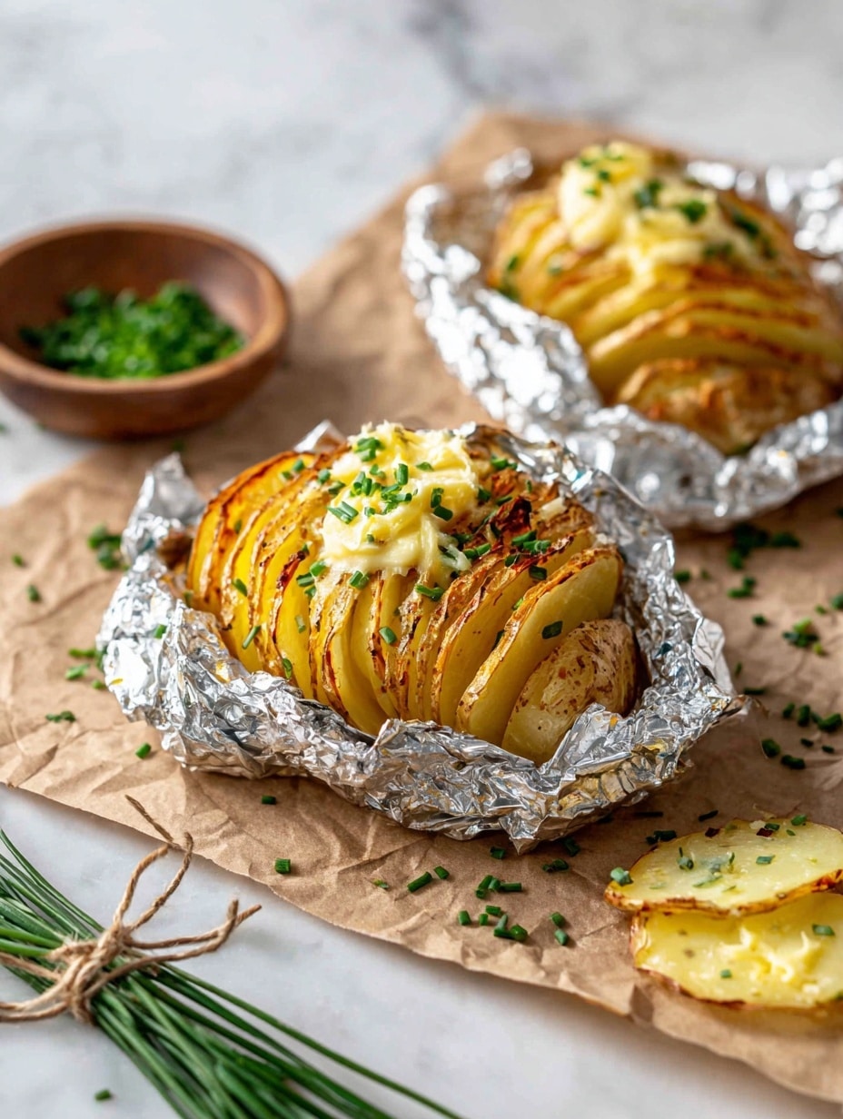 Two roasted Hasselback potatoes wrapped in crinkled aluminum foil sit on a piece of brown parchment paper over a white marbled surface. Each potato has about 20 thin, golden brown slices with dark grilled edges. Soft dollops of melting herb butter mixed with finely chopped green herbs are placed on top and between some slices of each potato, with extra small butter pieces and herb sprinkles scattered nearby. In the upper left corner, a bunch of fresh green chives rests on the white marbled surface. The overall colors are warm golden yellows, light browns, silvery foil, and fresh green accents. photo taken with an iphone --ar 4:5 --v 7