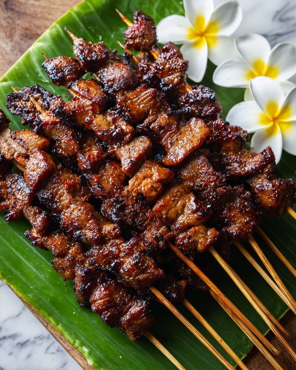A pile of grilled meat skewers is arranged on a large green banana leaf, showing layers of juicy, browned meat with a slightly crispy texture and shiny glaze from the marinade. The meat pieces vary in color from light golden brown to dark caramelized edges, giving a rich oily look. The thin wooden skewers stick out mostly from the bottom right corner, and two white and yellow plumeria flowers rest near the top right. The whole setup lies on a wooden surface that has been changed to a white marbled texture. photo taken with an iphone --ar 4:5 --v 7