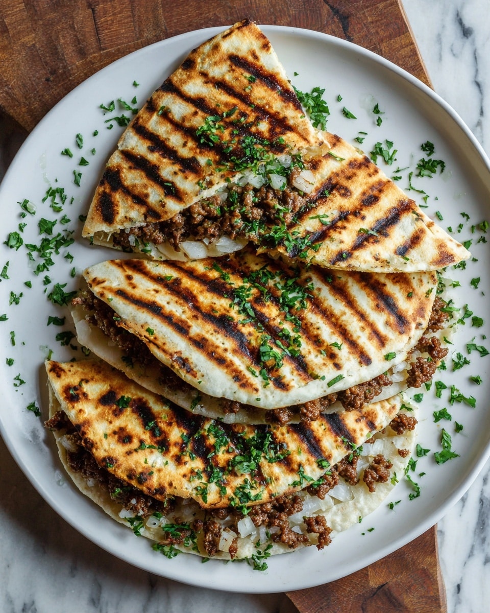 Three grilled folded flatbreads with dark brown grill marks cover the outside, their surface textured and slightly shiny. Each flatbread is filled with a mix of minced cooked meat that is crumbly and dark brown, small bits of white onion, and sprinkled green herbs on top. The flatbreads are placed overlapping in a round white plate, with some chopped herbs scattered around them. The plate rests on a wooden surface with a white marbled texture in the background. photo taken with an iphone --ar 4:5 --v 7