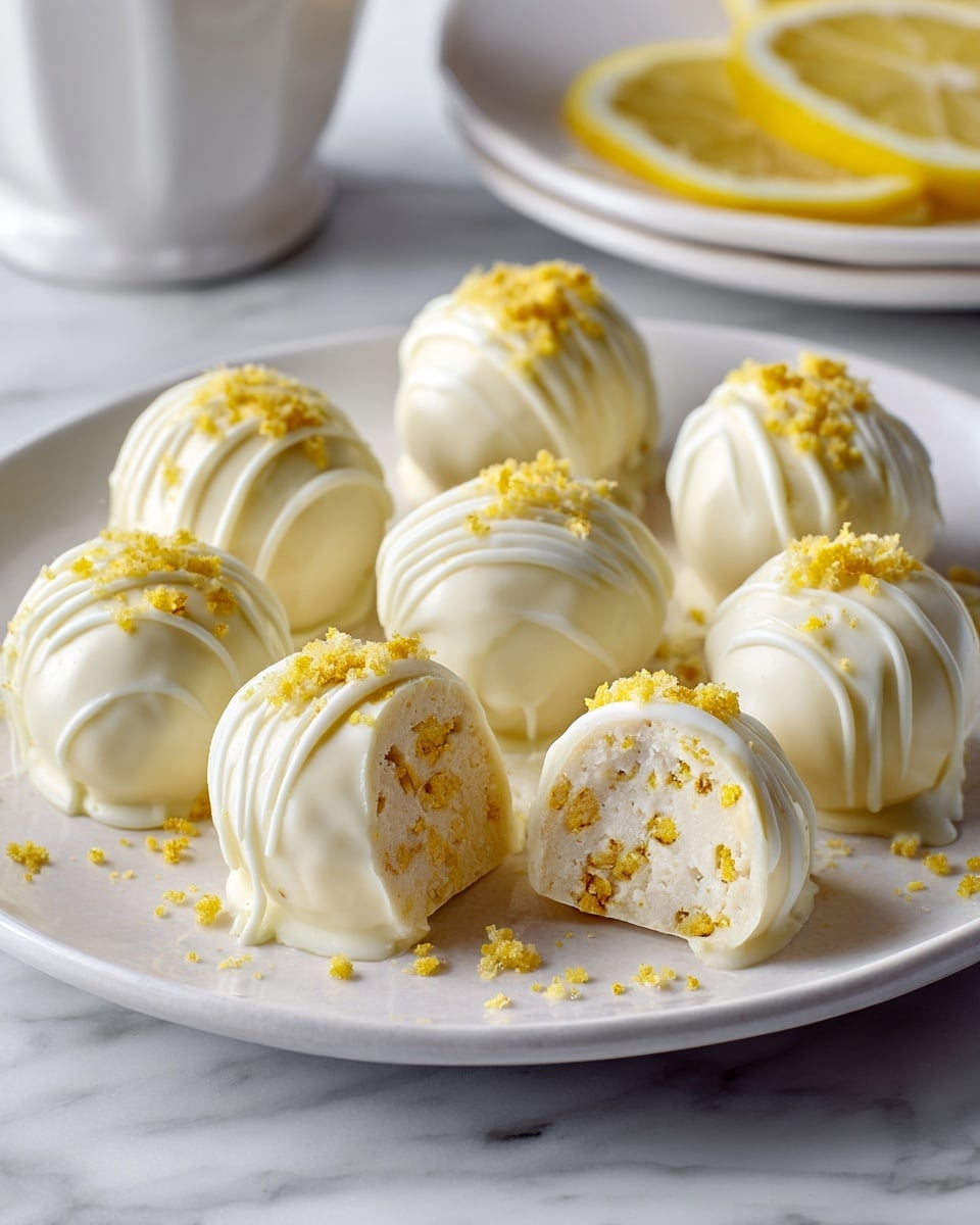 The image shows a white plate with ten round white chocolate truffles scattered on it. Each truffle has a smooth white coating with a drizzle of white chocolate on top, and a sprinkle of yellow crumbs as garnish. Two truffles are cut in half at the front of the plate, showing a creamy white interior mixed with small yellow bits inside. The plate rests on a white marbled surface, and part of another white plate with lemon slices slightly blurred is visible in the background. photo taken with an iphone --ar 4:5 --v 7