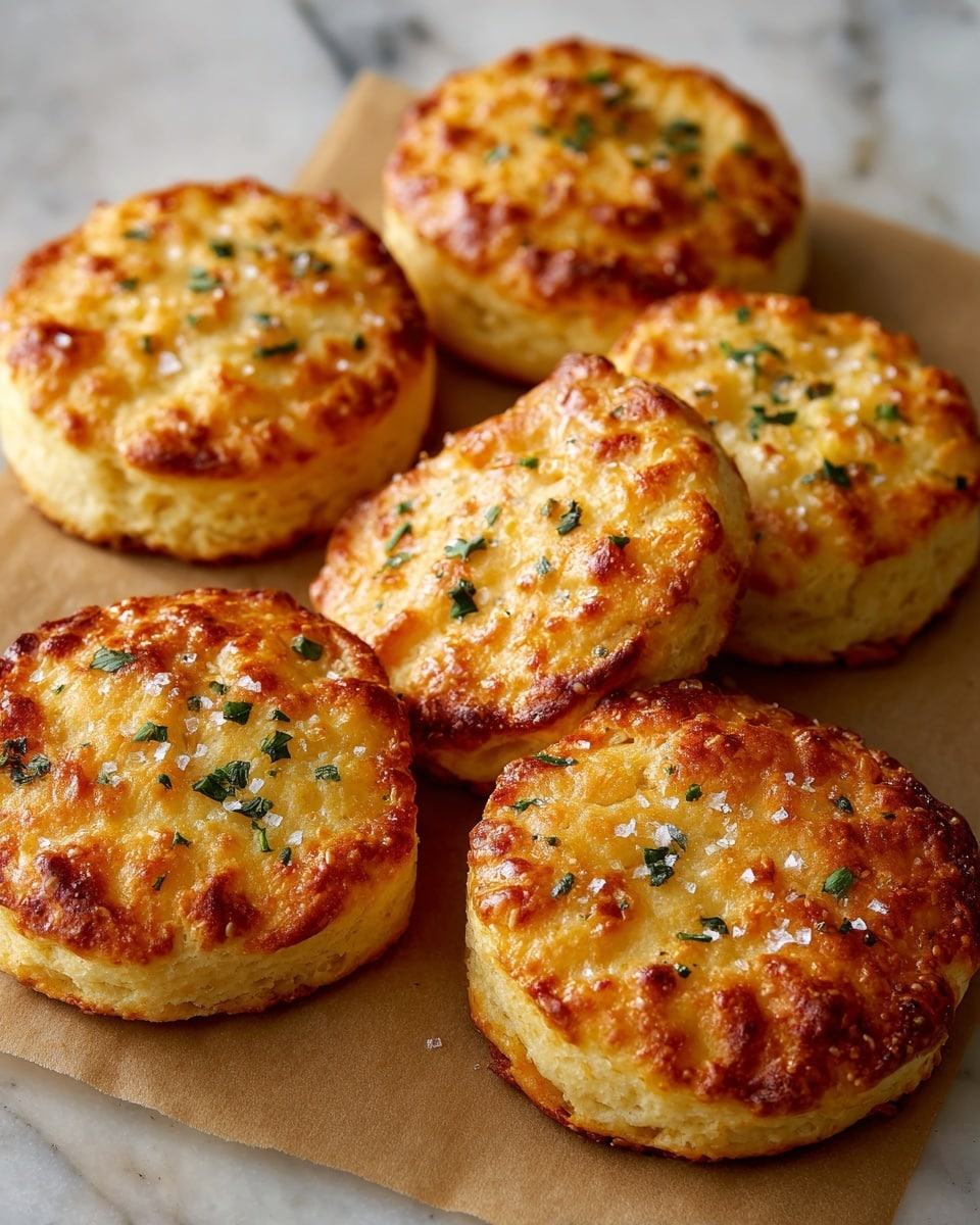 The image shows six golden-brown biscuits with a slightly rough texture, placed on a brown parchment paper that rests on a white marbled surface. Each biscuit is round with a slightly uneven shape and a crispy, shiny top sprinkled with coarse salt and small green herb pieces, giving them a savory look. The biscuits appear fluffy inside, with browned edges that hint at a crunchy exterior. They are spaced irregularly, and the lighting highlights their warm, baked color and texture. Photo taken with an iphone --ar 4:5 --v 7